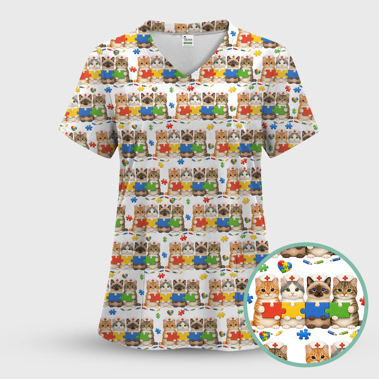 Autism Awareness Nurse Scrub Top, Cat Autism Pattern Nurses Shirt, Comfortable Uniform Scrubs For Nursing