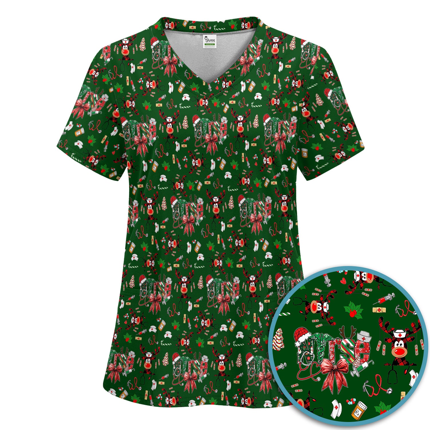 Whimsical Reindeer Christmas Scrub Set – Festive Holiday Reindeer Pattern – Cute Medical Uniform for Nurses, Vets and Healthcare Workers