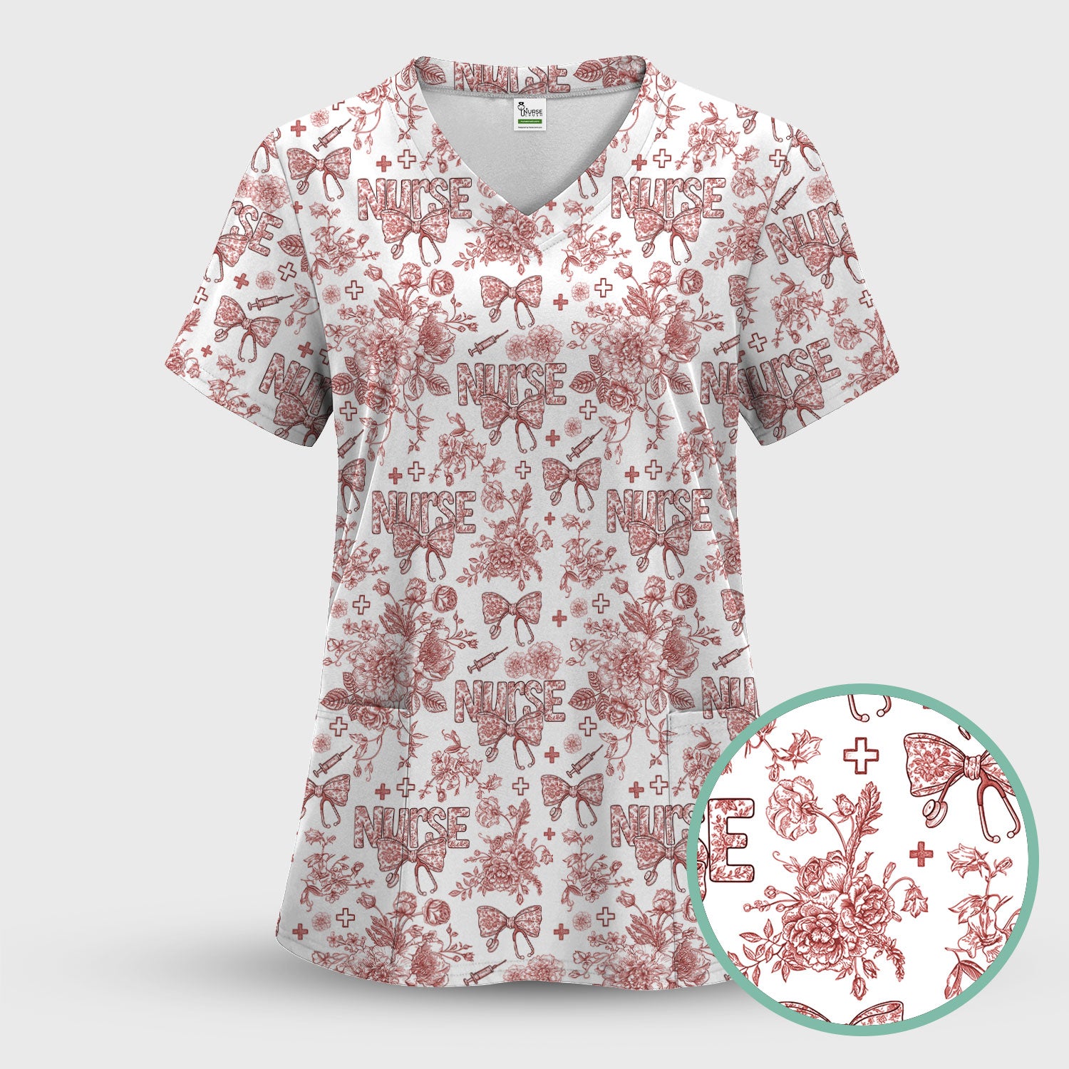 Flower Scrubs for Nurses - Toile de Jouy Style Medical Shirt - Feminine Floral Scrub Top Gift for Women in Healthcare
