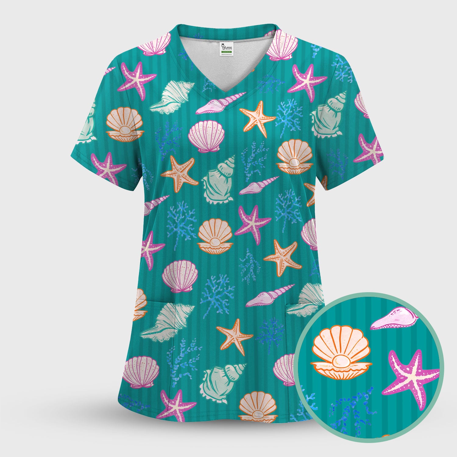 Colorful Seashell Starfish Ocean Stripe Pattern Scrub Top, Breathable Fabrics Nursing Uniform