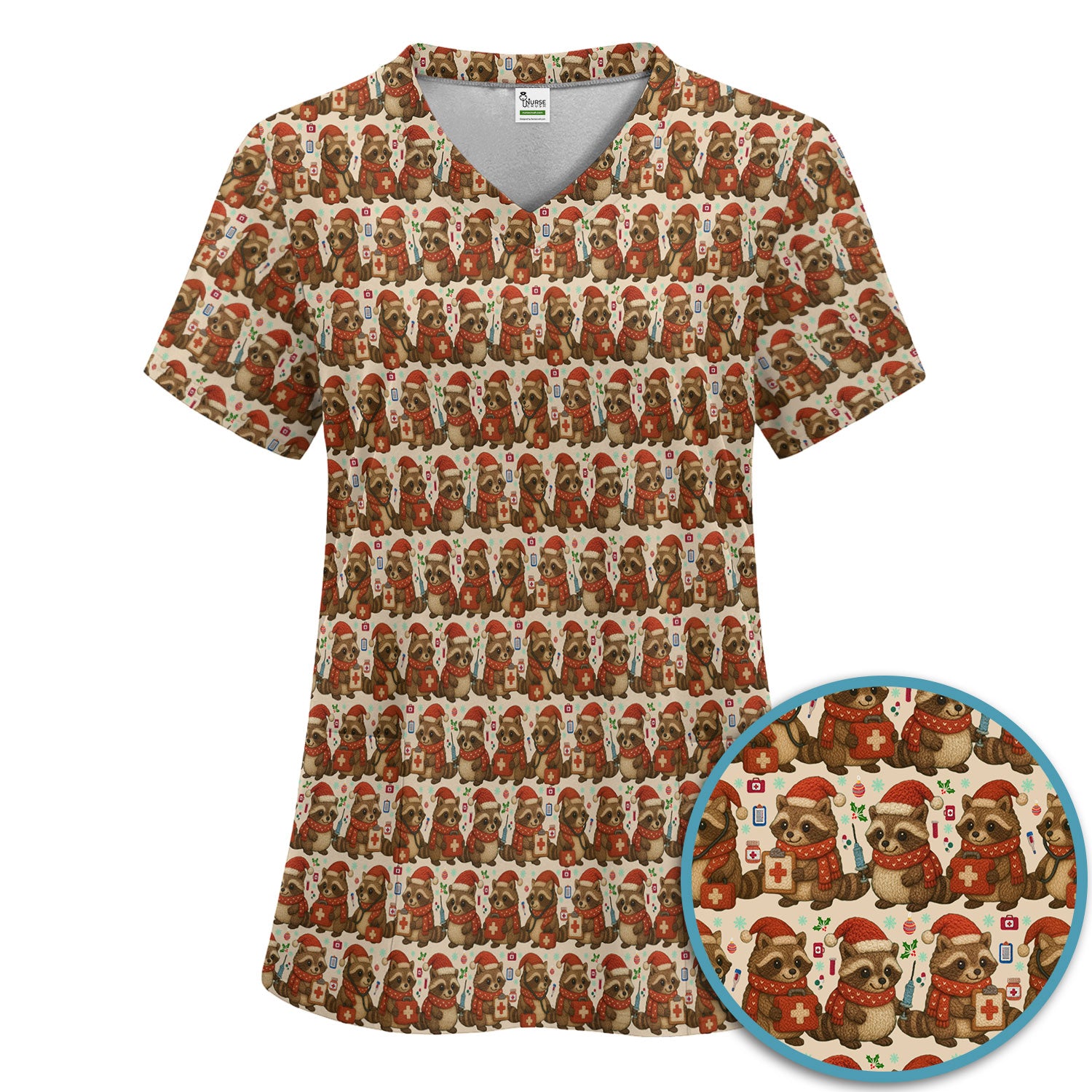 Christmas Scrub Set – Nurse Raccoon Pattern Shirt – Cute Medical Uniform For Nursing