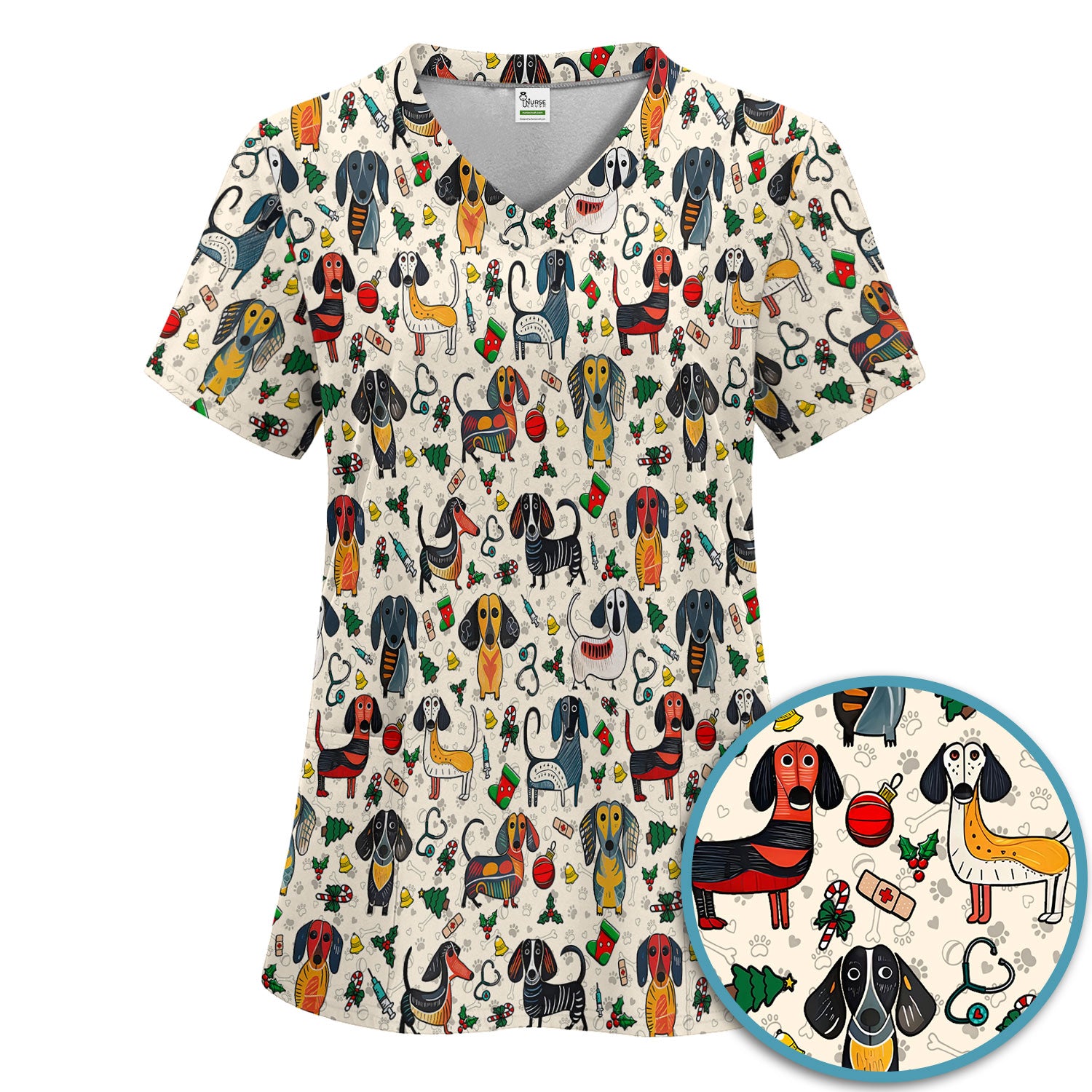 Christmas Wiener Dog Scrub Set - Funny Sausage Dog Pants and V Neck Top - Holiday Medical Uniform