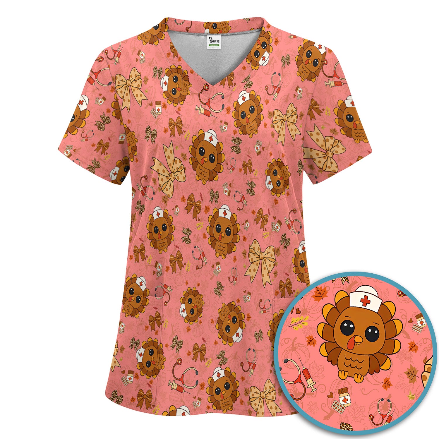 Thanksgiving Turkey Nurse Scrub Set for Women - Cute Fall Leaves and Bow Scrub Pants and V Neck Top - Autumn Medical Uniform