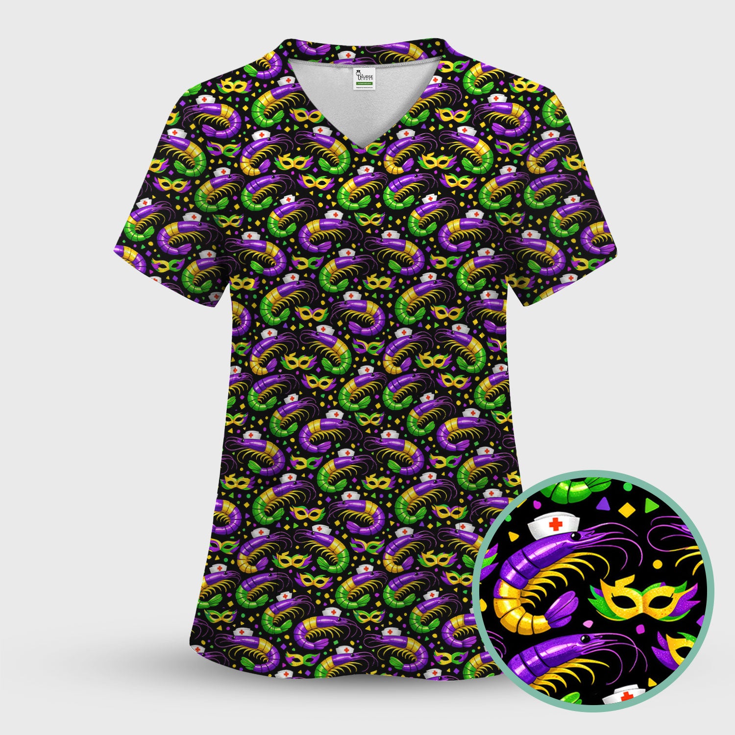 Mardi Gras Pattern Scrub Set, Crawfish Carnival Medical Nurse Scrub Shirt, Breathable Fabrics Nursing Uniform