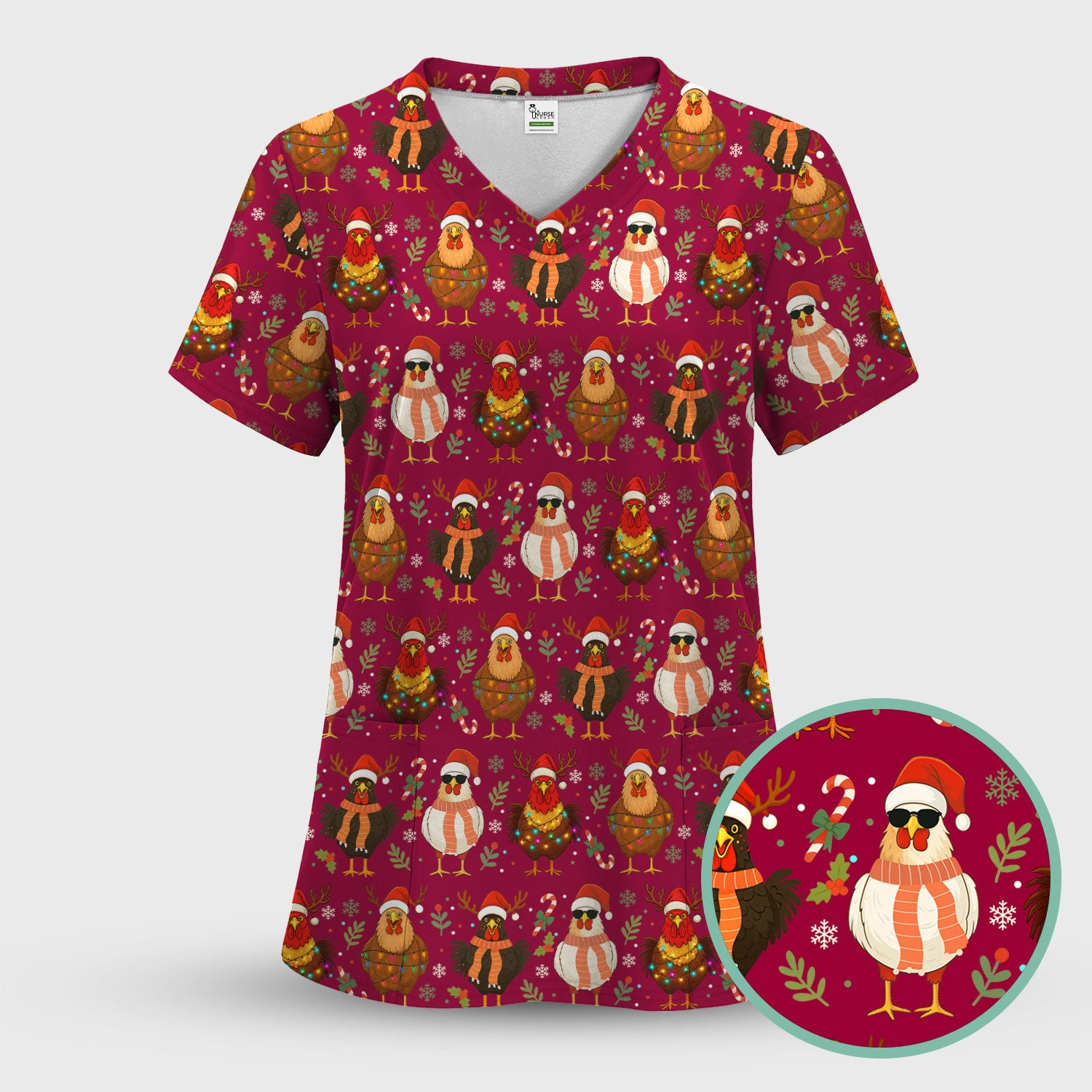 Chicken Scrubs Christmas Edition - Cute Funny Hen Pattern Medical Scrub Top for Women - Holiday Christmas Scrubs with Festive Print