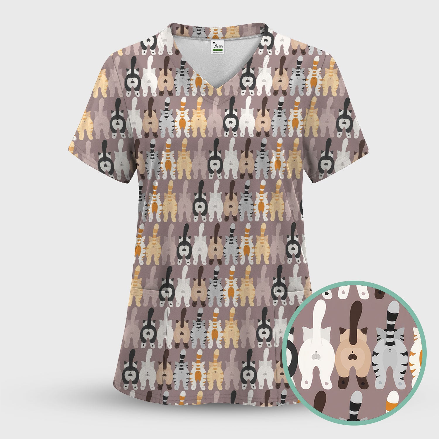 Cute Cat Butt Pattern Scrub Top, Funny Cat Nursing Shirt, Comfortable Scrubs For Nurses