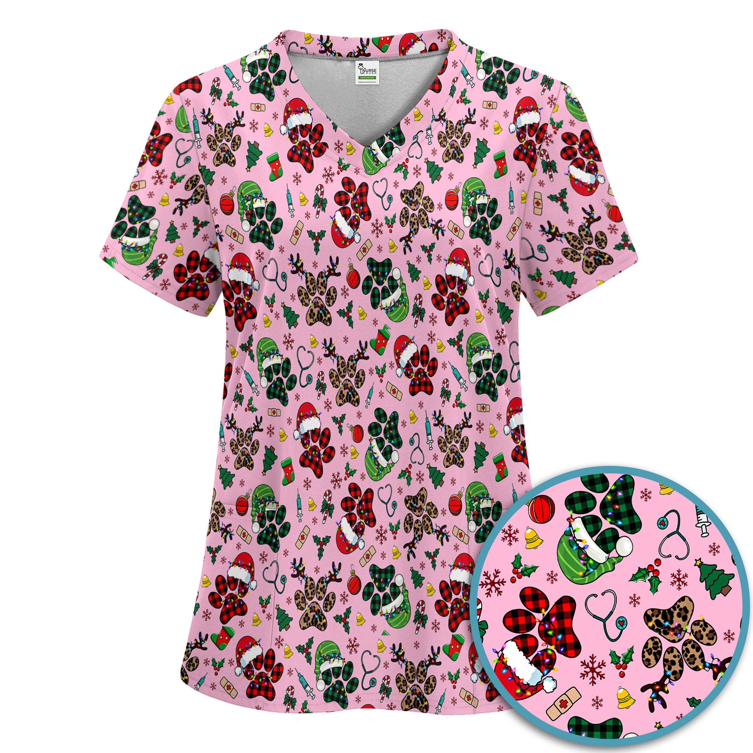 Christmas Paw Print Scrub Set for Nurses - Cute Leopard Holiday Pants and V Neck Top - Funny Pet Medical Uniform Gift