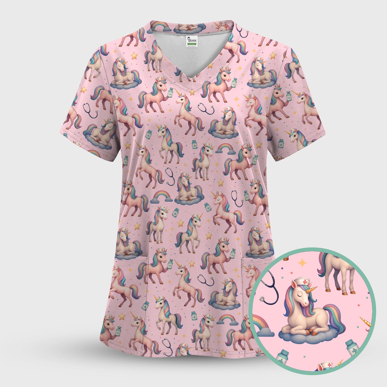 Cute Unicorn Nurse Scrub Top for Women - Rainbow Pastel Pattern Medical Shirt - Fun Fantasy Gift for RN LPN CNA Pediatric Nurses