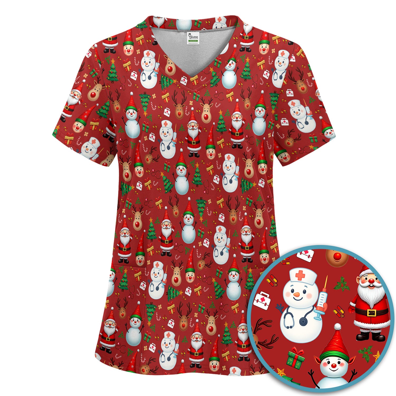 Christmas Nurse Scrub Set - Cute Snowman Santa Reindeer Pattern Medical Uniform - Festive Holiday Scrubs Pants and V Neck Top