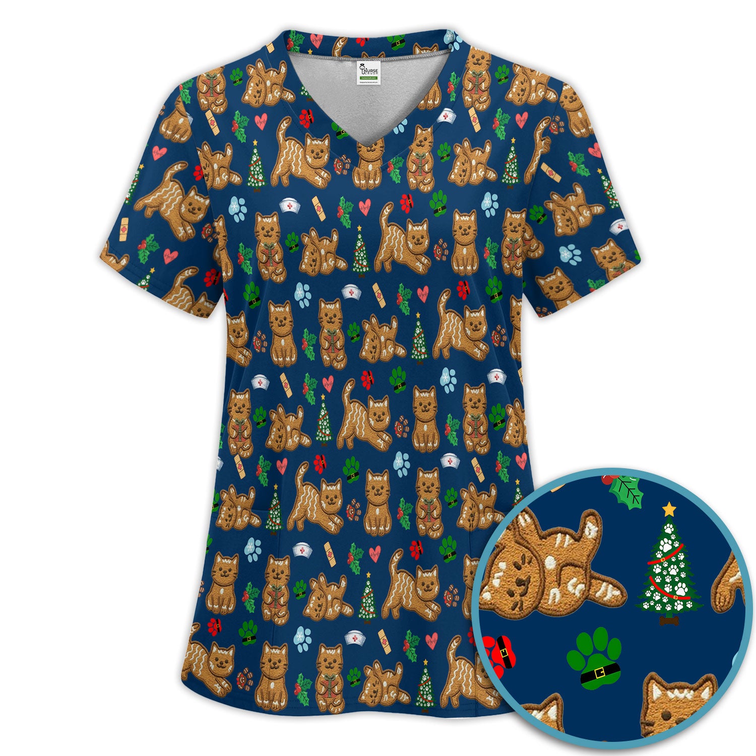 Gingerbread Cat Christmas Scrub Set, Cute Holiday Kitty Medical Uniform Shirt For Nursing, Festive Nurse Pattern