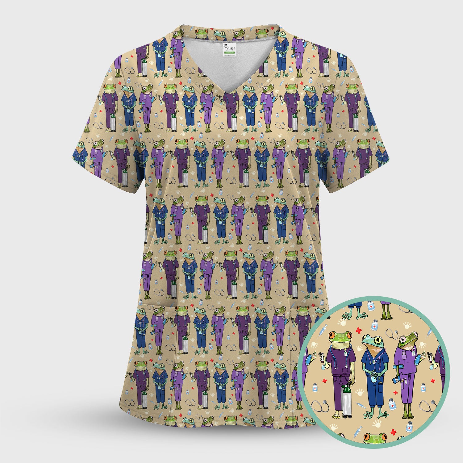 Funny Frog Nurse Pattern Scrub Set, Scrub Pants and V Neck Top