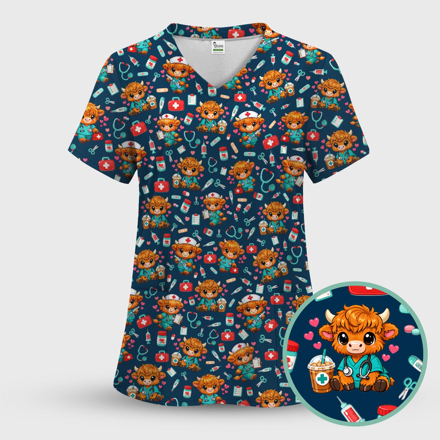 Cute Highland Cow Nurse Scrub Top, Kawaii Medical Pattern Shirt, Breathable Fabrics Nursing Uniform