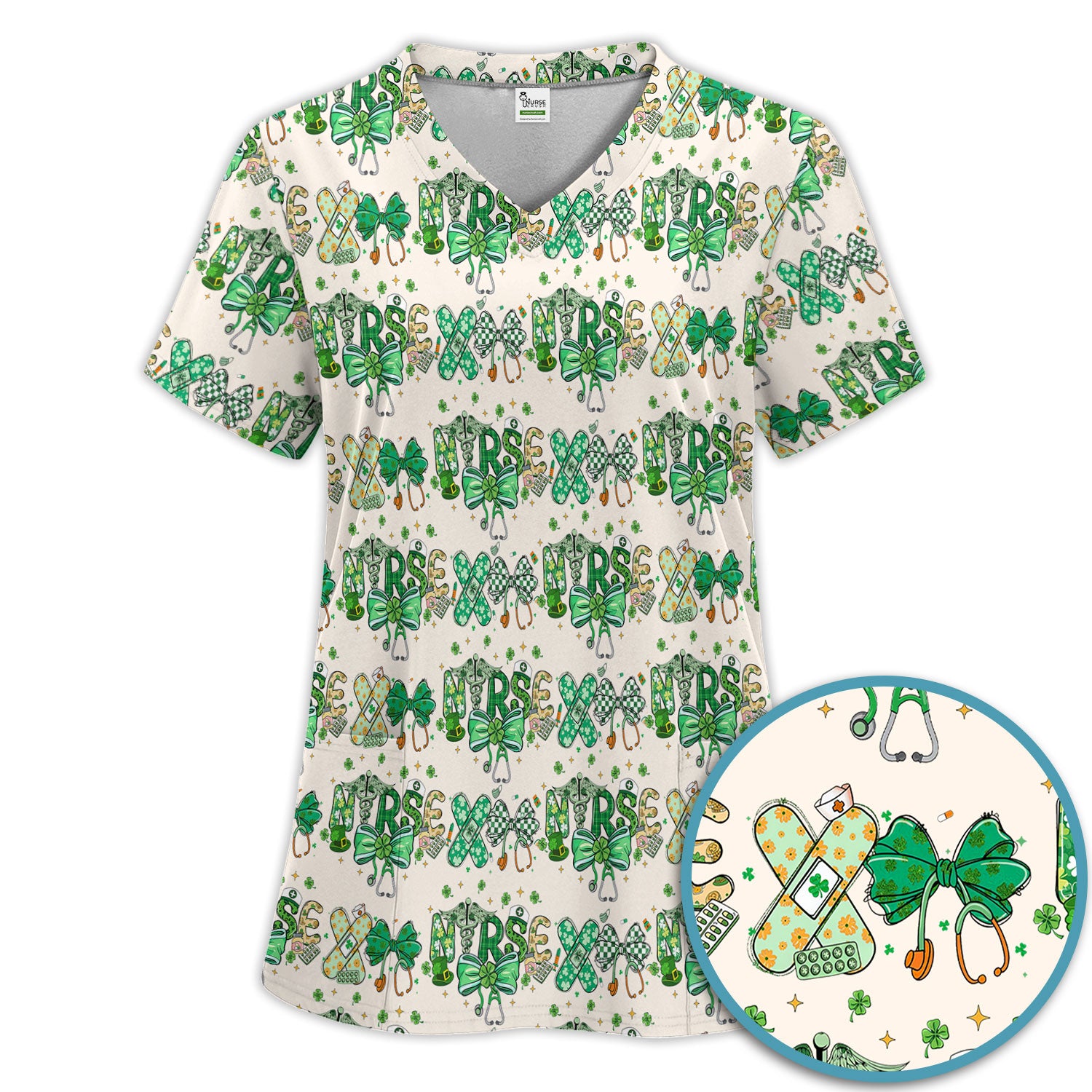 St. Patrick’s Nurse Scrub Set, Lucky Clover And Green Bow Pattern Nurse Shirt, Breathable Fabrics Nursing Uniform