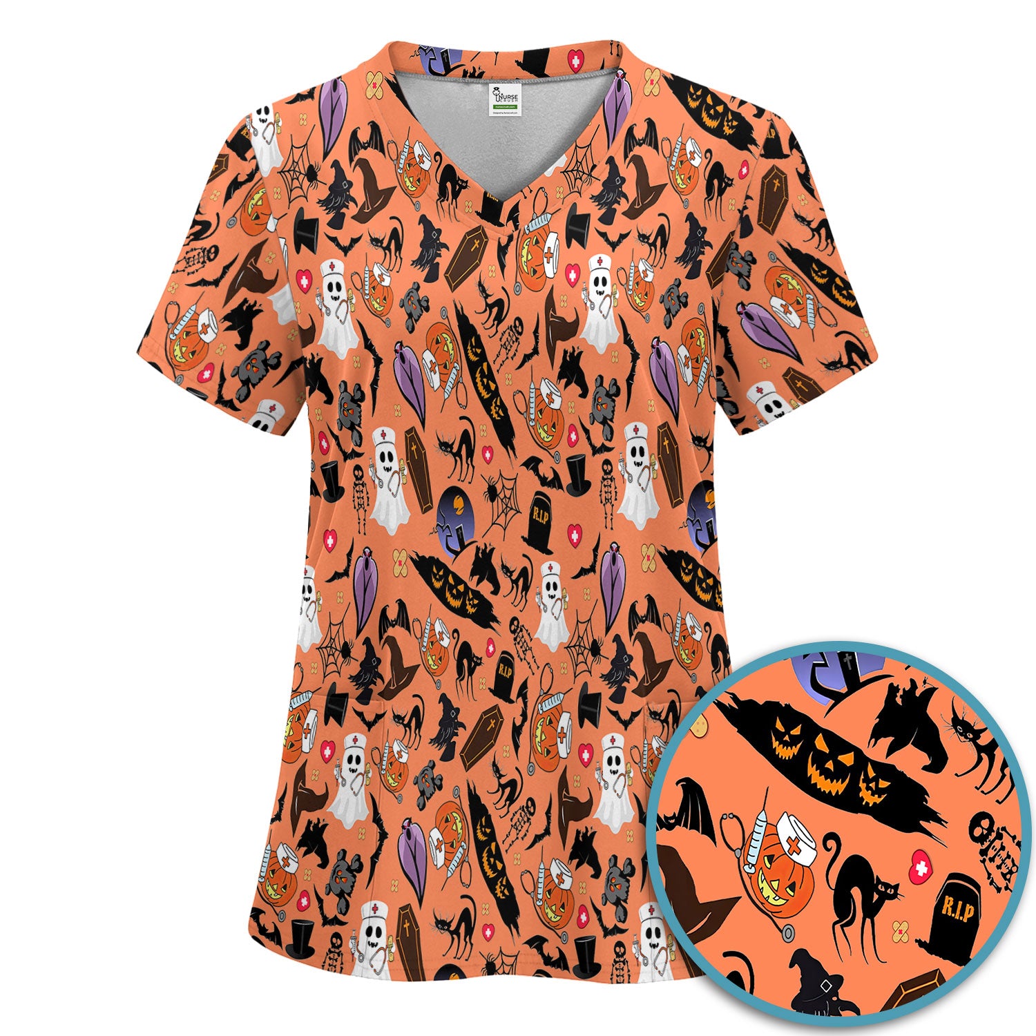 Spooky Halloween Scrub Set - Pumpkin Ghost Bat Nurse Scrubs Pants and V Neck Top - Wicked Witch Medical Uniform for RN CNA LPN