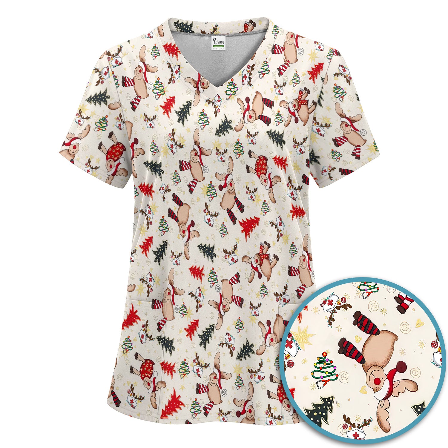 Funny Reindeer Christmas Nurse Scrub Set - Festive Holiday Medical Scrub Pants and V Neck Top - Breathable Med Uniform