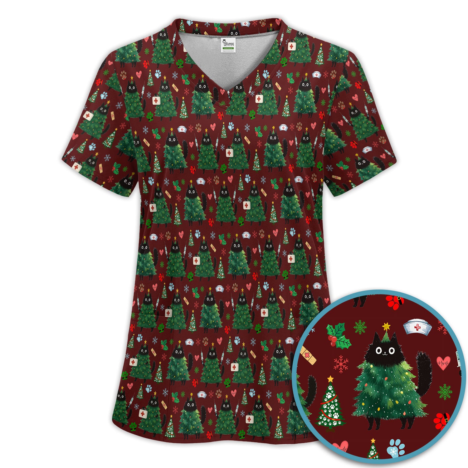 Christmas Nurse Scrub Set, Xmas Black Cat Pattern Nurse Shirt,  Breathable Fabrics Nursing Uniform