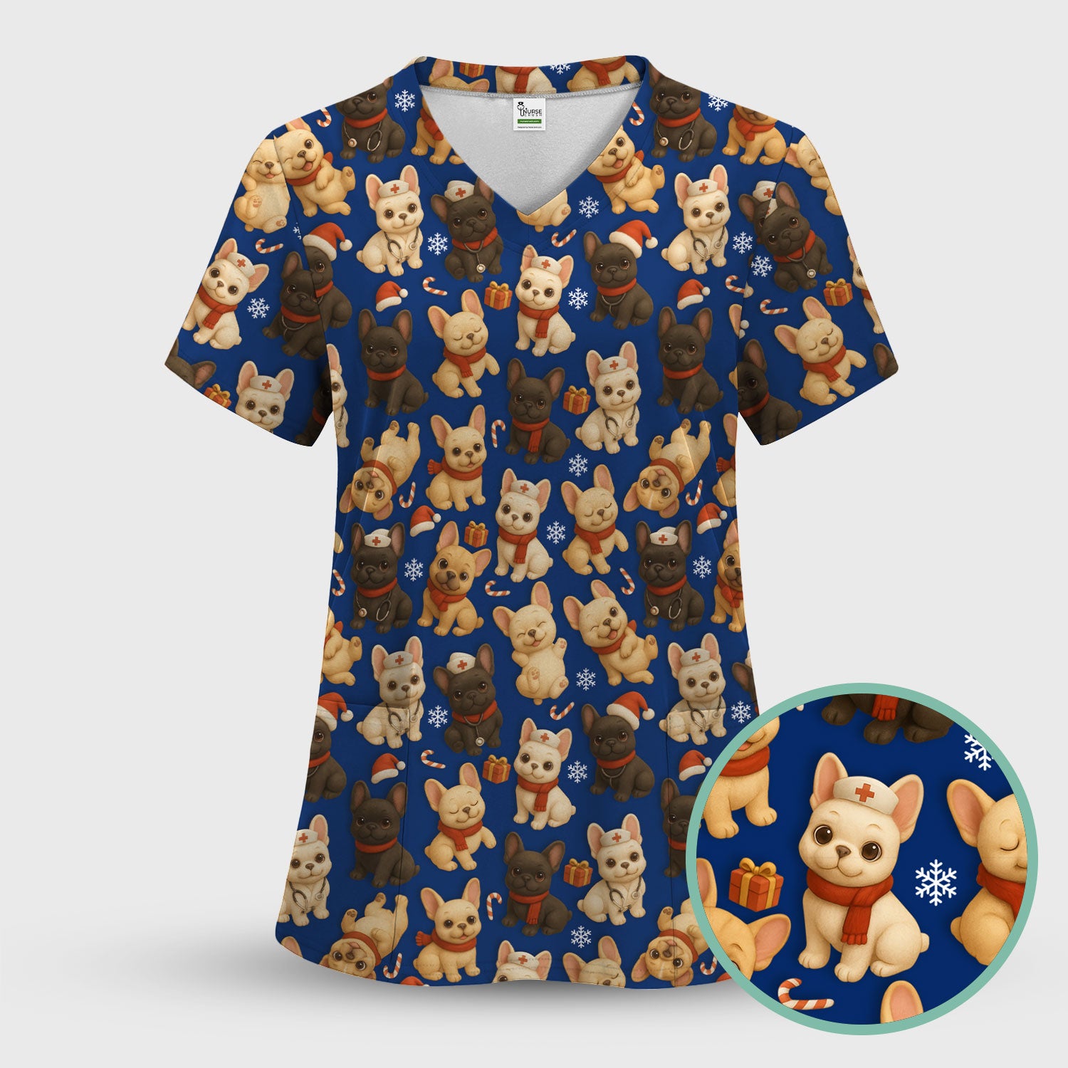 Christmas Dog Scrubs for Women - Cute French Bulldog Pattern Medical Scrub Top - Festive Holiday Nurse Scrubs with Adorable Puppy Design
