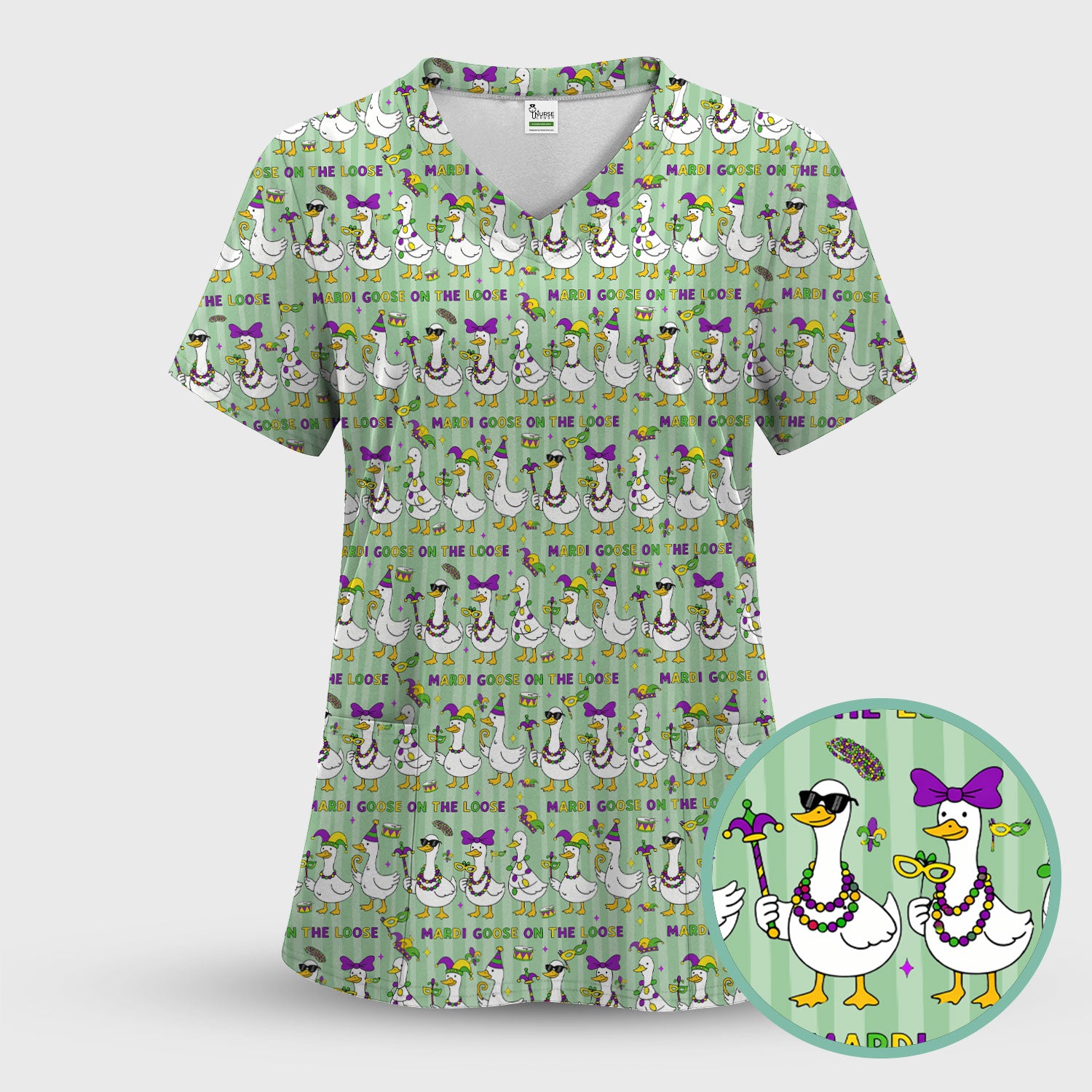 Mardi Gras Goose Nurse Scrub Top, Funny Carnival Medical Pattern Nurse Shirt, Breathable Fabrics Nursing Uniform