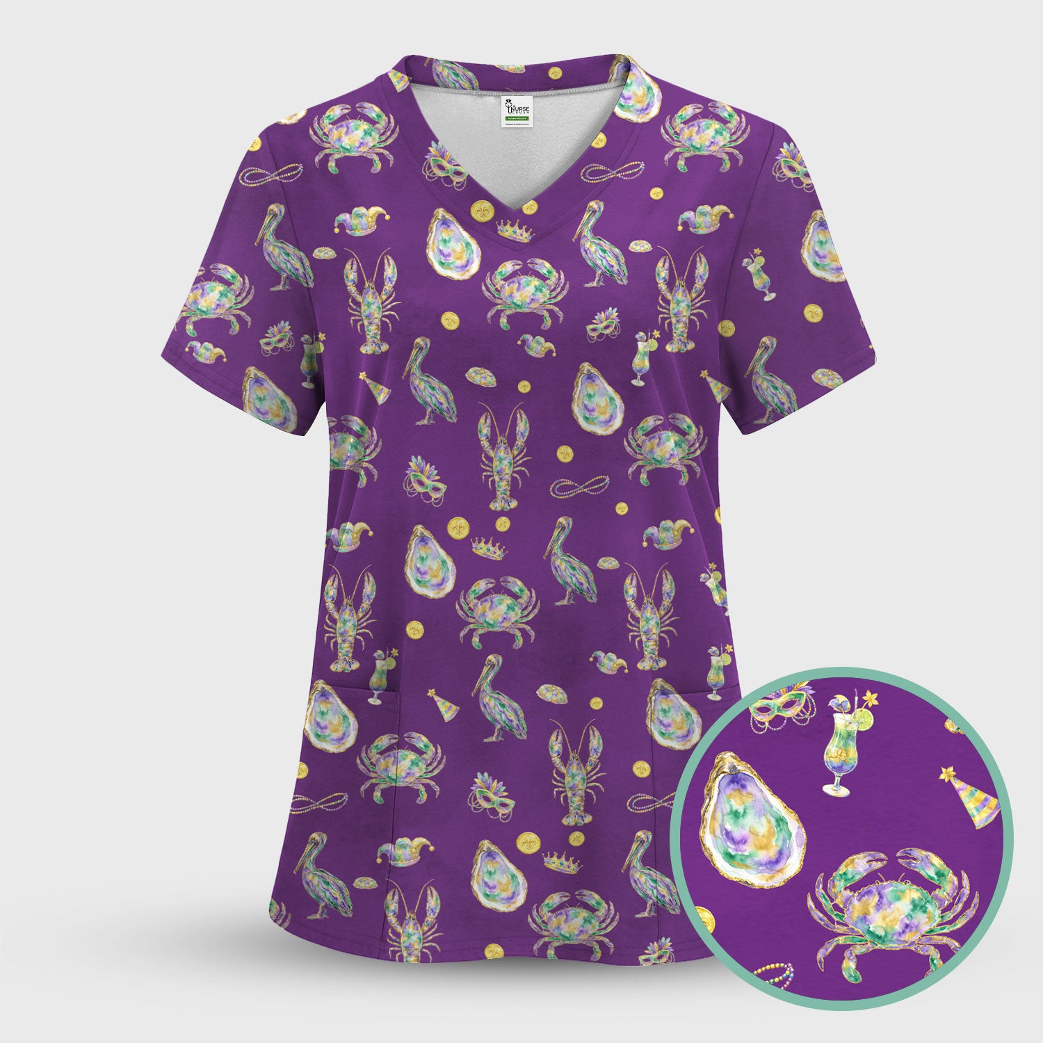 Mardi Gras Seafood Nurse Scrub Set, Comfortable Uniform Scrubs For Nursing