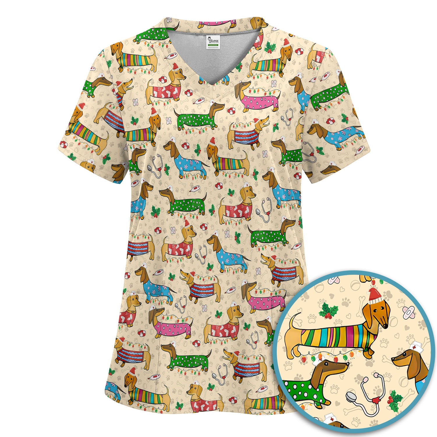 Christmas Dachshund Scrub Set for Nurses - Cute Wiener Dog in Holiday Outfit - Funny Medical Uniform Gift for Women RN LPN CNA