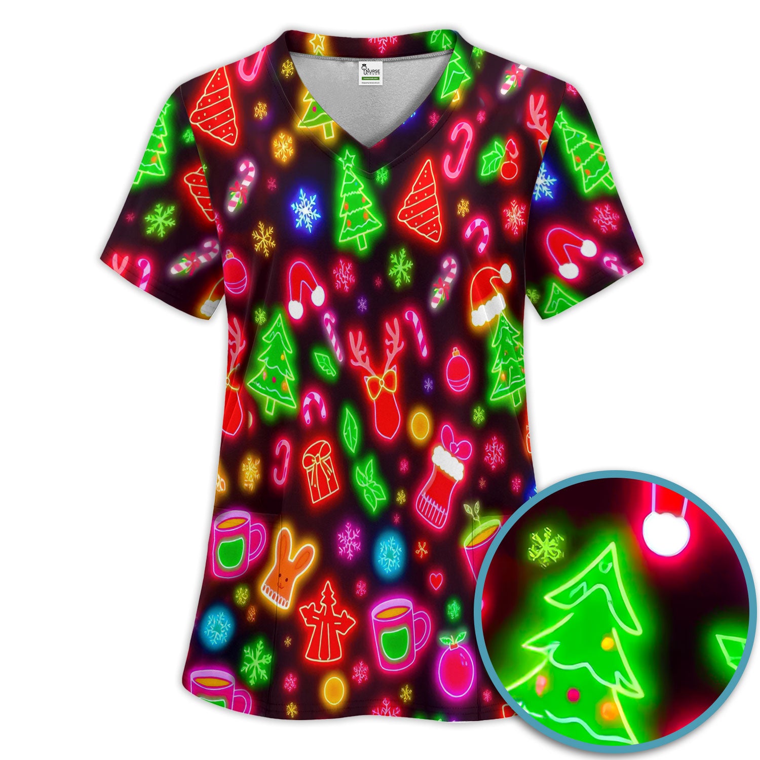 Reindeer Neon Xmas Scrub Set, Christmas Pattern Scrub Shirt,  Breathable Fabrics Nursing Uniform