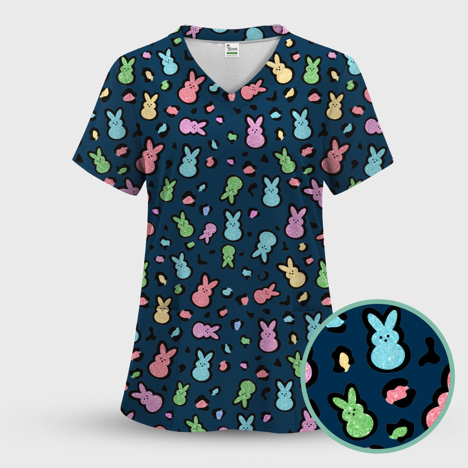 Cute Easter Bunny Pastel Pattern Scrub Set, Scrub Pants and V Neck Top