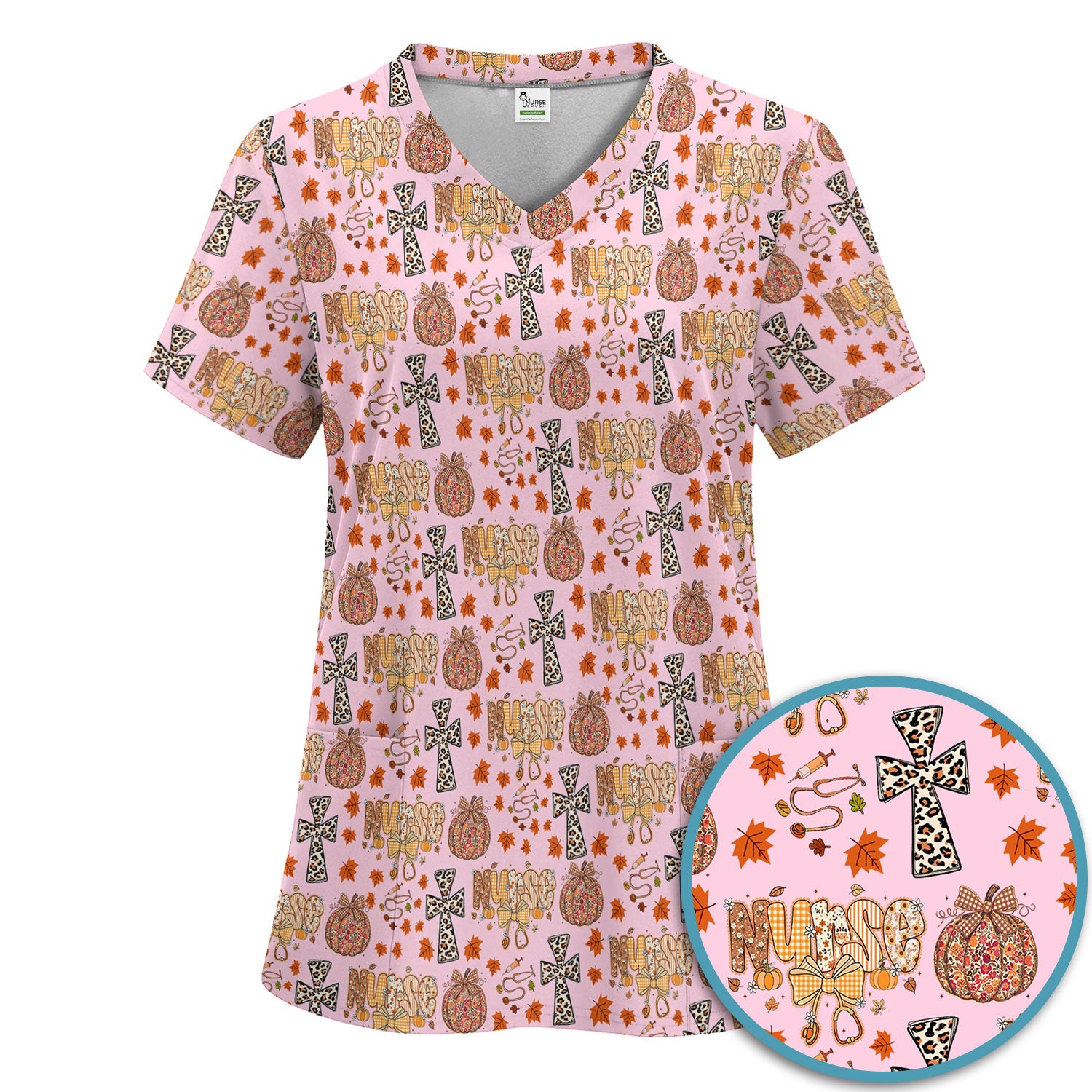 I Will Praise Him In Every Season - Boho Pumpkin Leopard Cross Fall Scrub Sets for Nurse - Thanksgiving Med Uniform for Women