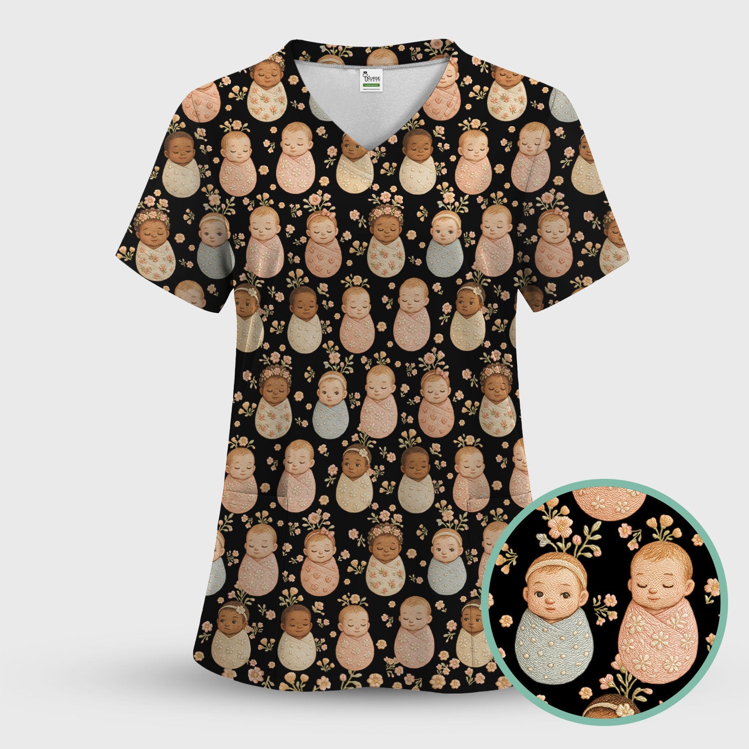 Sweet Newborn Baby Floral Print Nurse Scrub Top, Comfortable Scrubs for Nurses