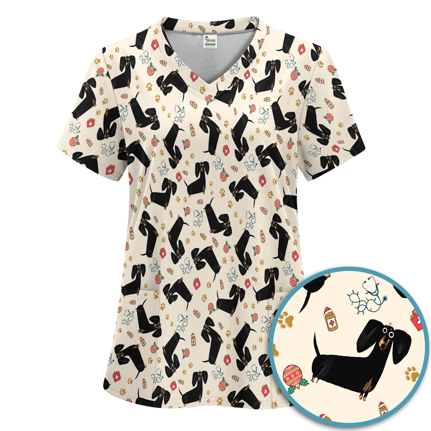 Funny Black Dachshund Scrub Set for Nurses - Cute Wiener Dog Scrubs Pants and V Neck Top - Puppy Lover Nursing Gift for Women