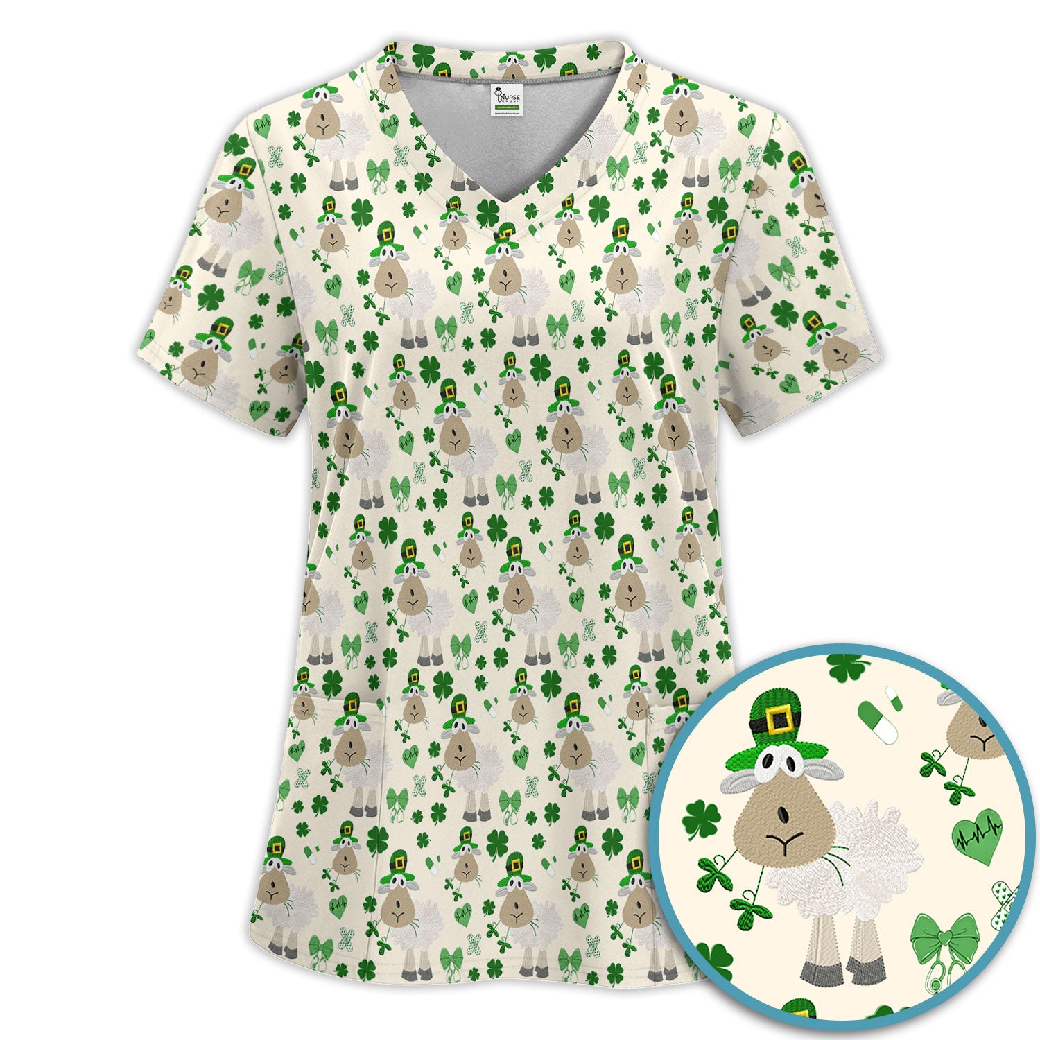 Nurse St. Patrick Scrubs Set, Cute Sheep Shamrock Pattern Nurse Shirt, Breathable Fabrics Nursing Uniform