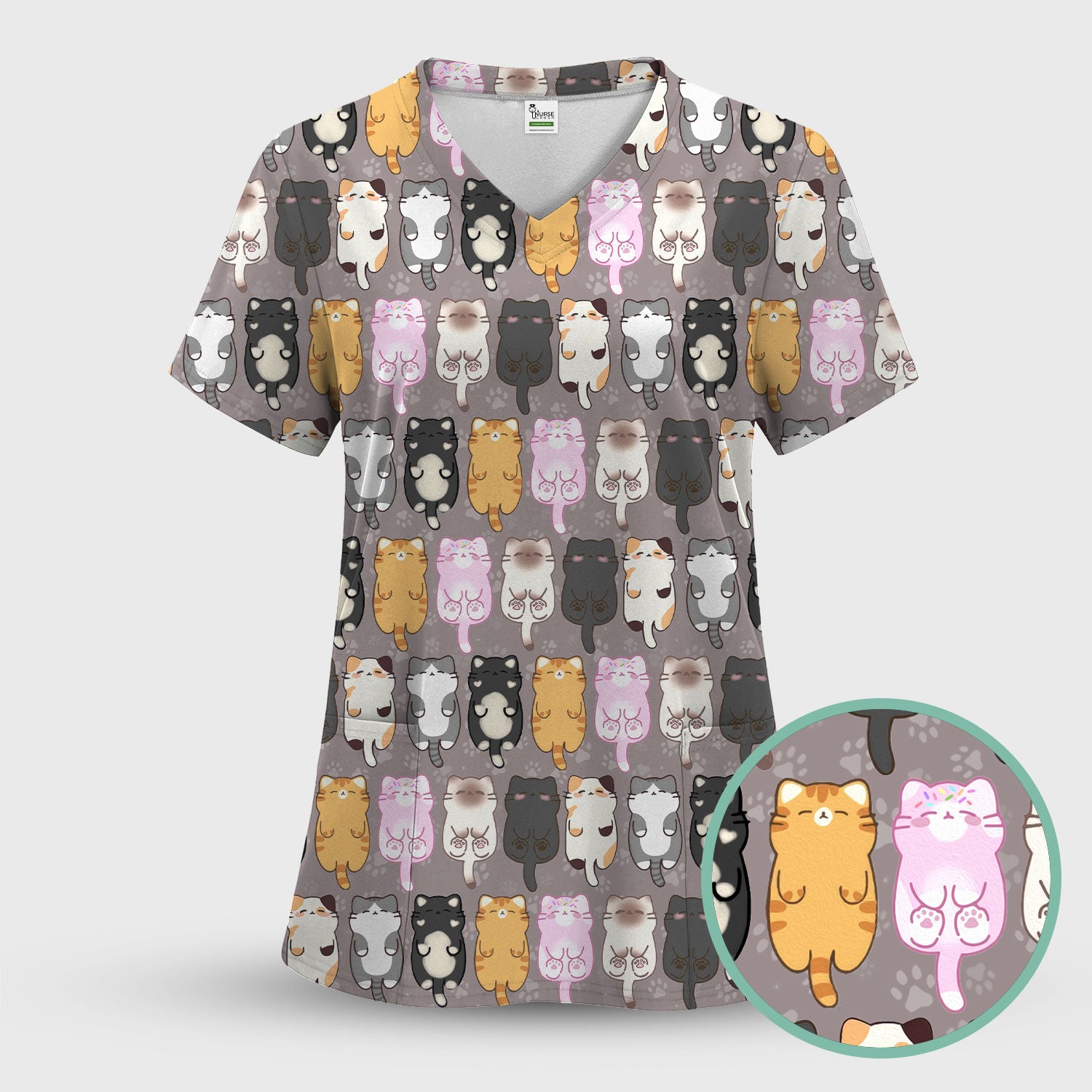 Funny Cartoon Cats All Over Print Scrubs Top, Comfortable Scrubs for Nurses