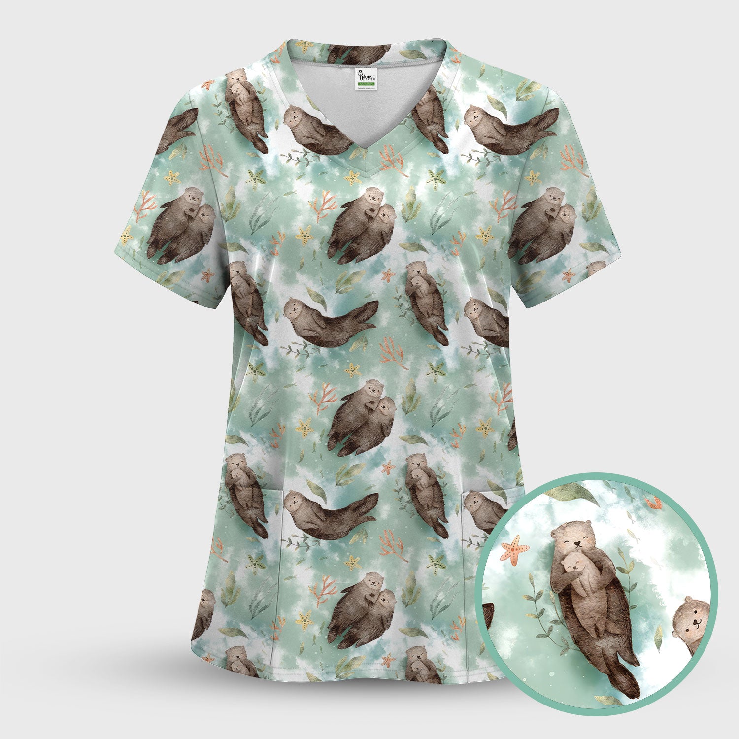 Cute Sea Otter Watercolor Print Scrub Set, Scrub Pants and V Neck Top