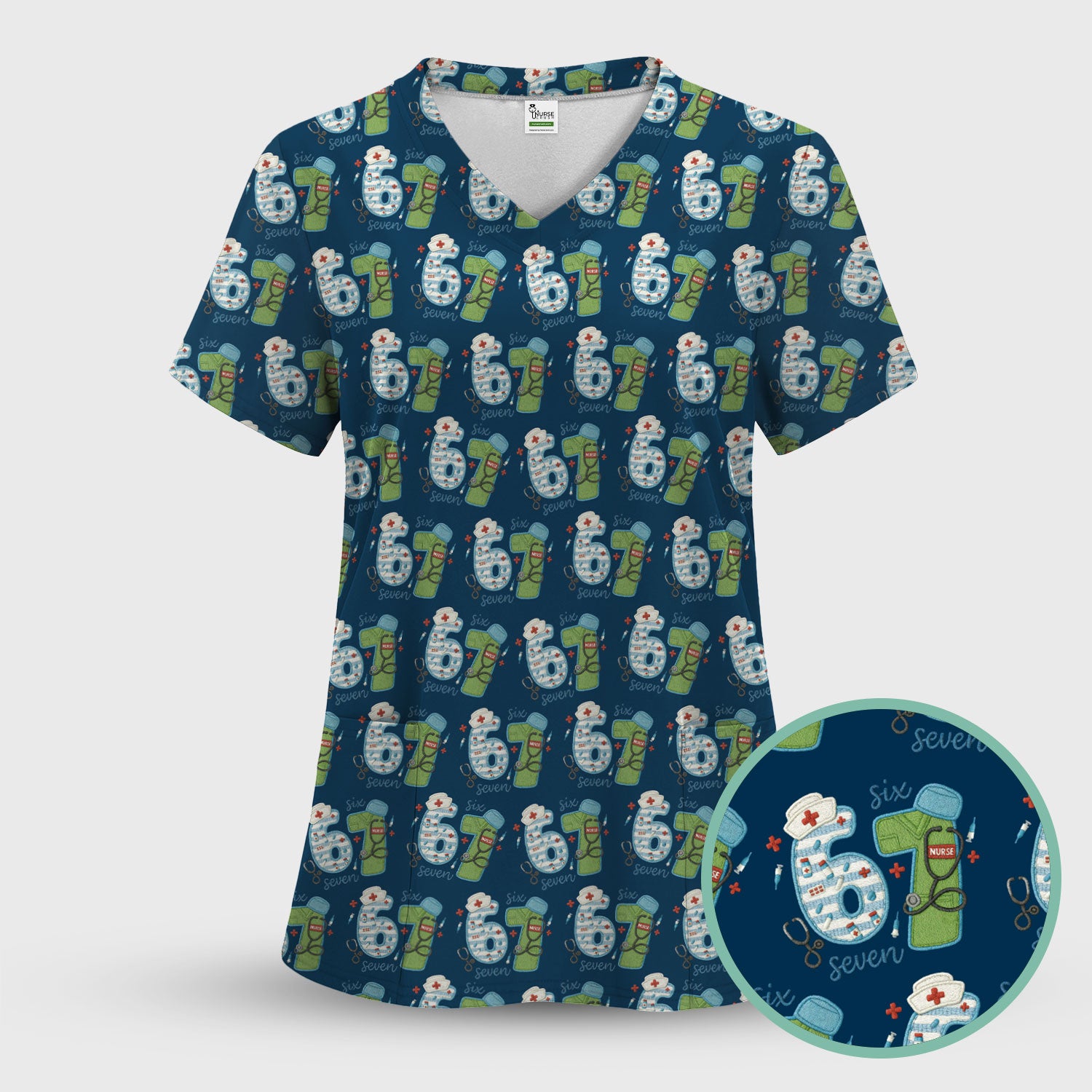 Nurse Six Seven Pattern Scrub Top, Cute Medical Number Print Shirt for Nursing Professionals