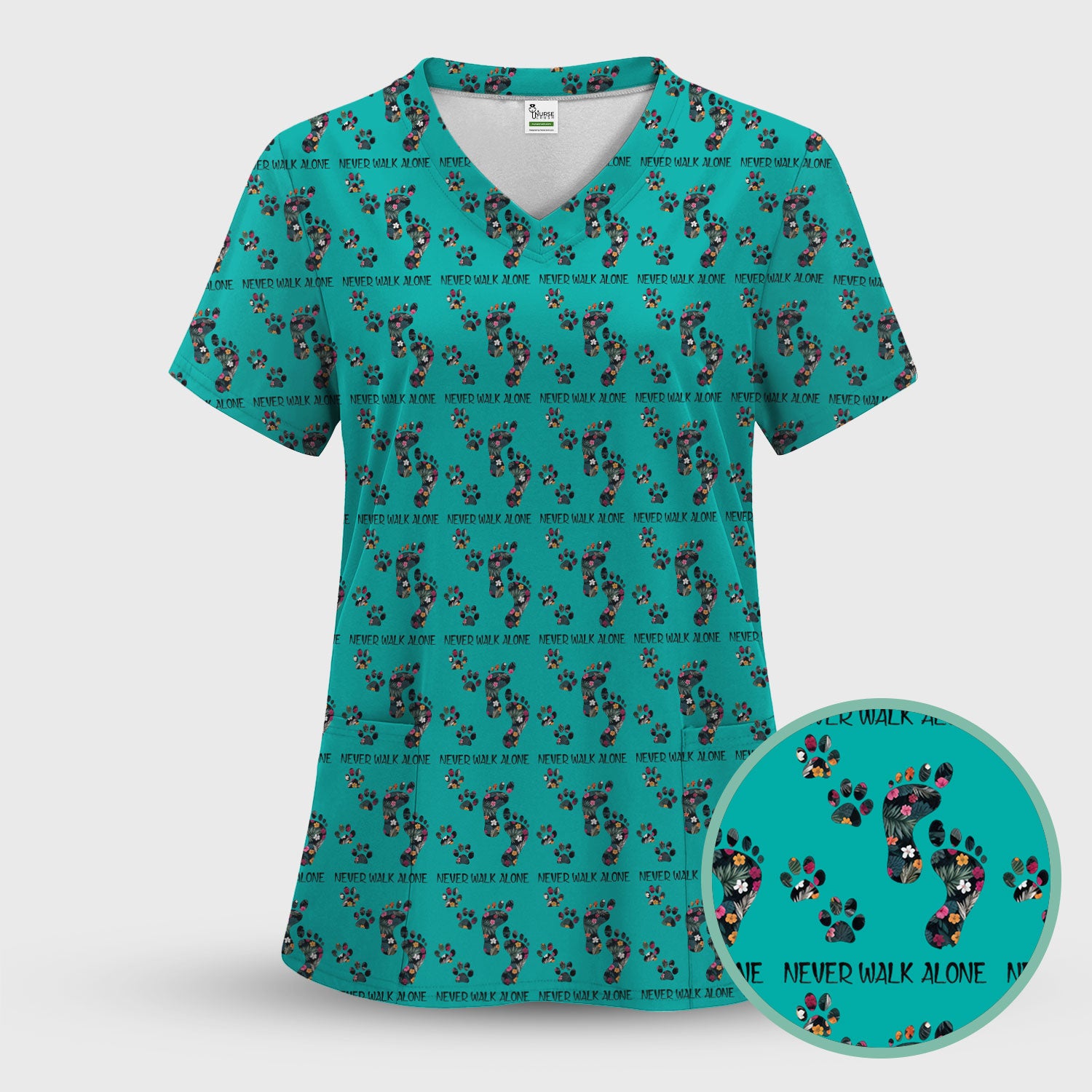 Never Walk Alone Scrub Top, Floral Paw Print Medical Scrub Shirt for Nurses, Vet Techs And Healthcare Workers