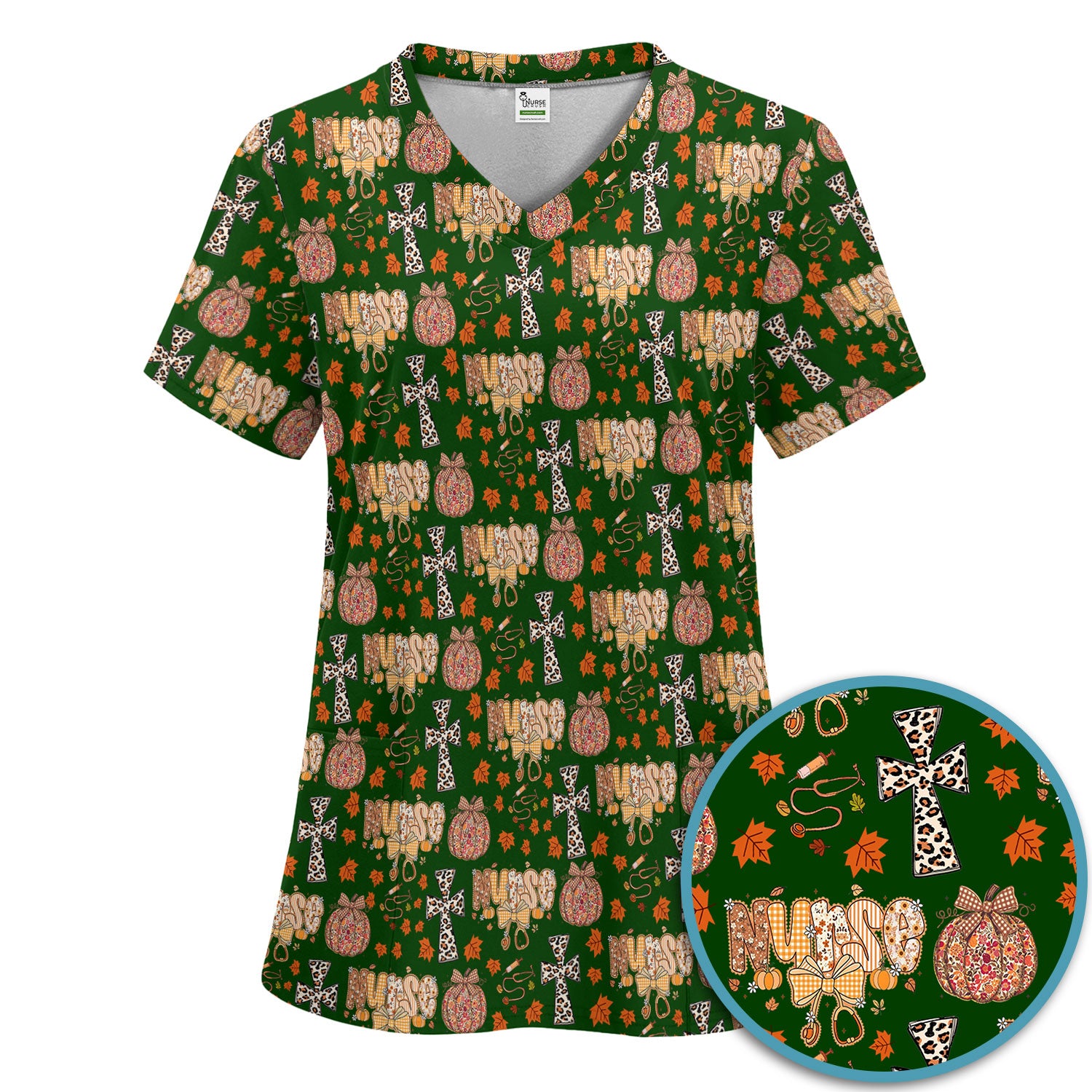 Floral Pumpkin Scrub Set for Women - Coquette Bow Thanksgiving Scrubs Pants and V Neck Top - Comfortable Medical Uniform