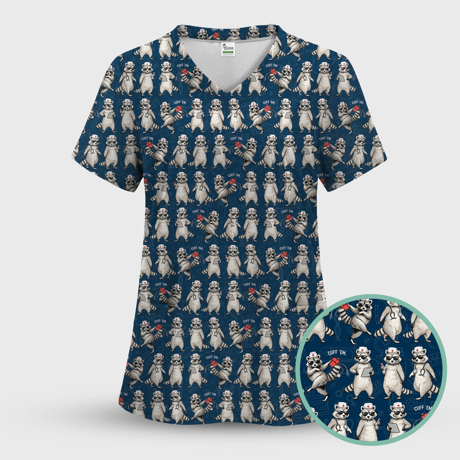 Funny Raccoon Nurse Pattern Scrub Top, Comfortable Scrubs For Nurses