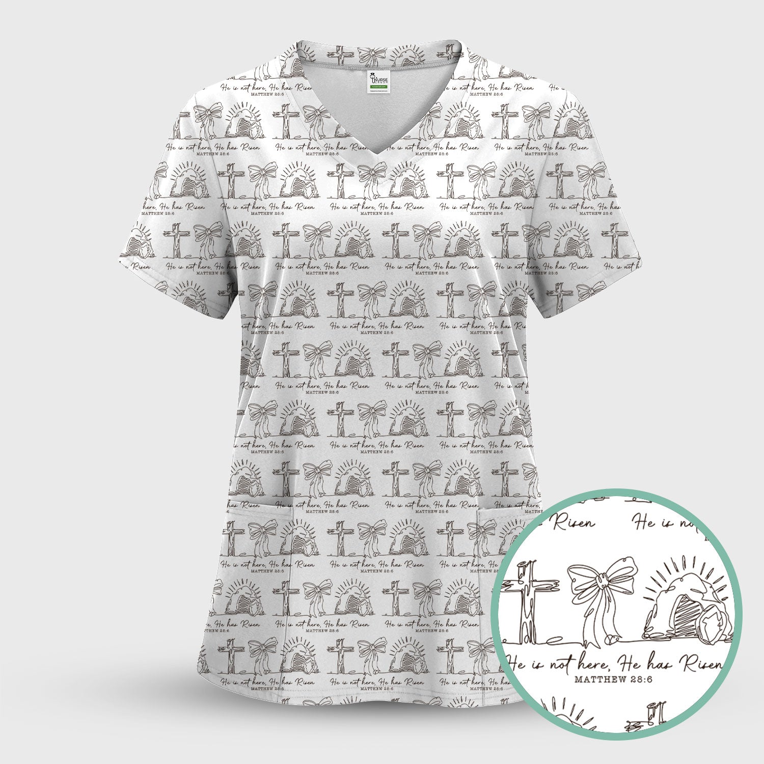 Christian Cross He Is Risen Pattern Scrubs Top, Comfortable Scrubs for Nurses