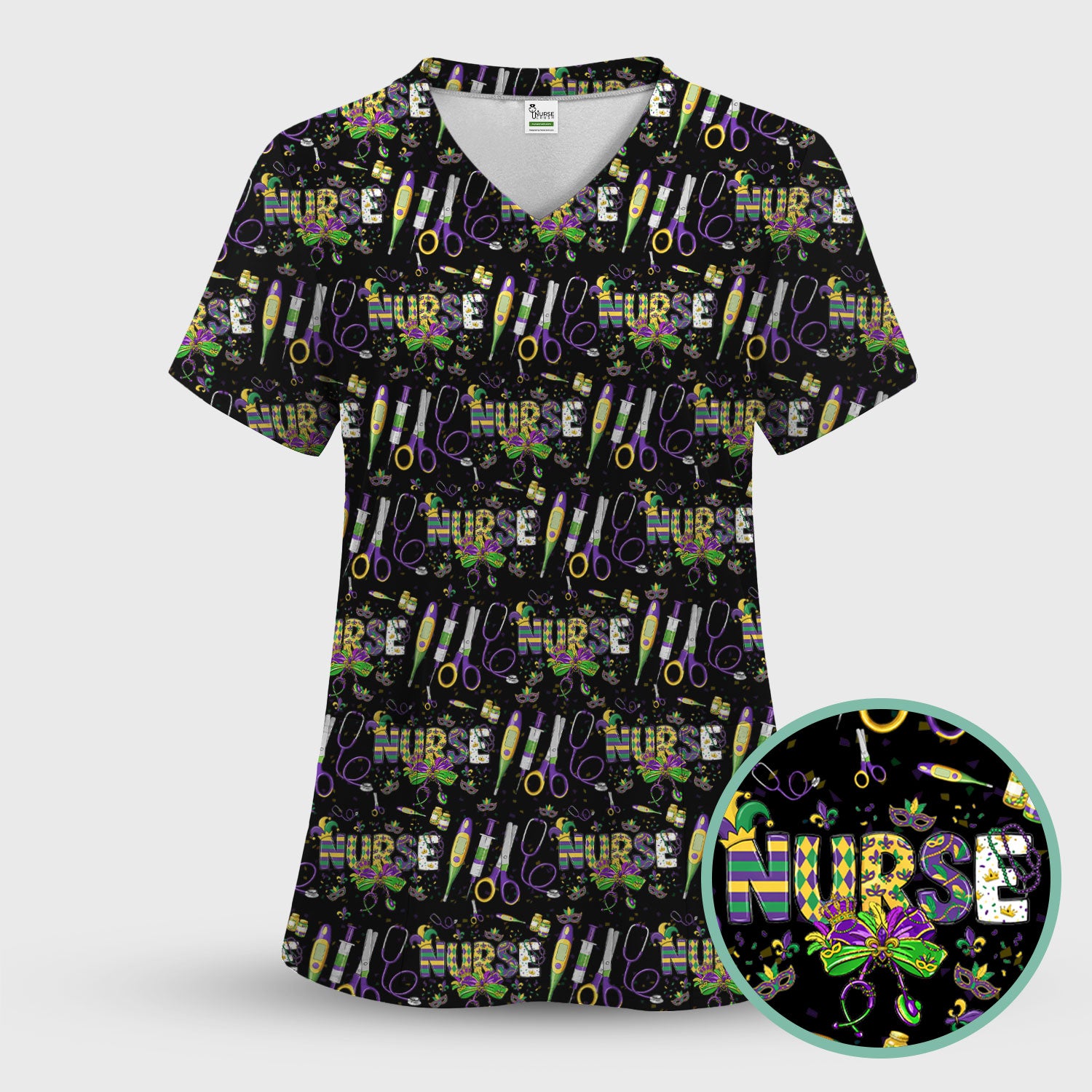 Mardi Gras Nurse Scrub Set, Holiday Medical Pattern Nurse Shirt, Breathable Fabrics Nursing Uniform