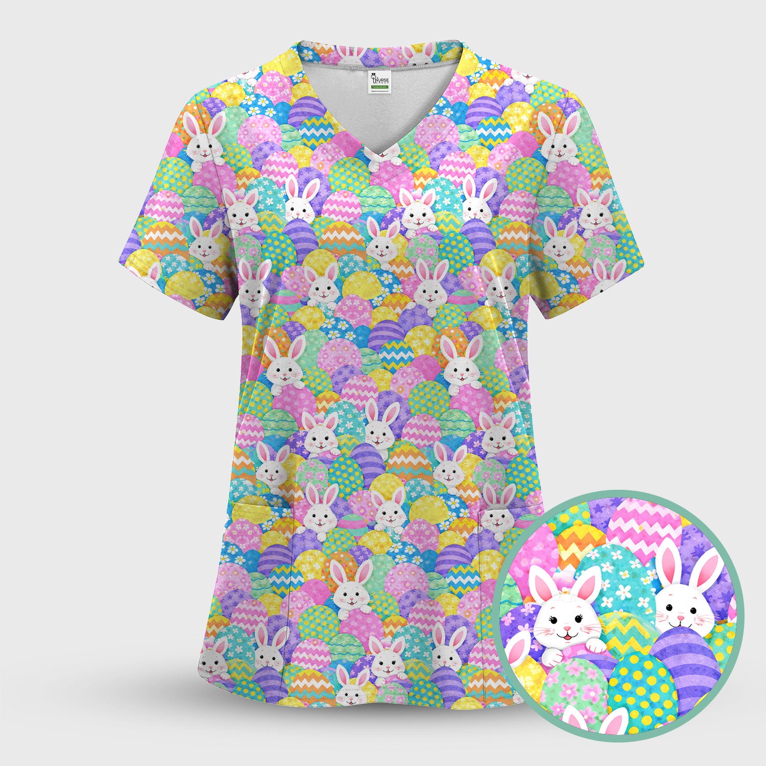 Easter Bunny Colorful Egg Pattern Print Scrub Top, Comfortable Scrubs for Nurses