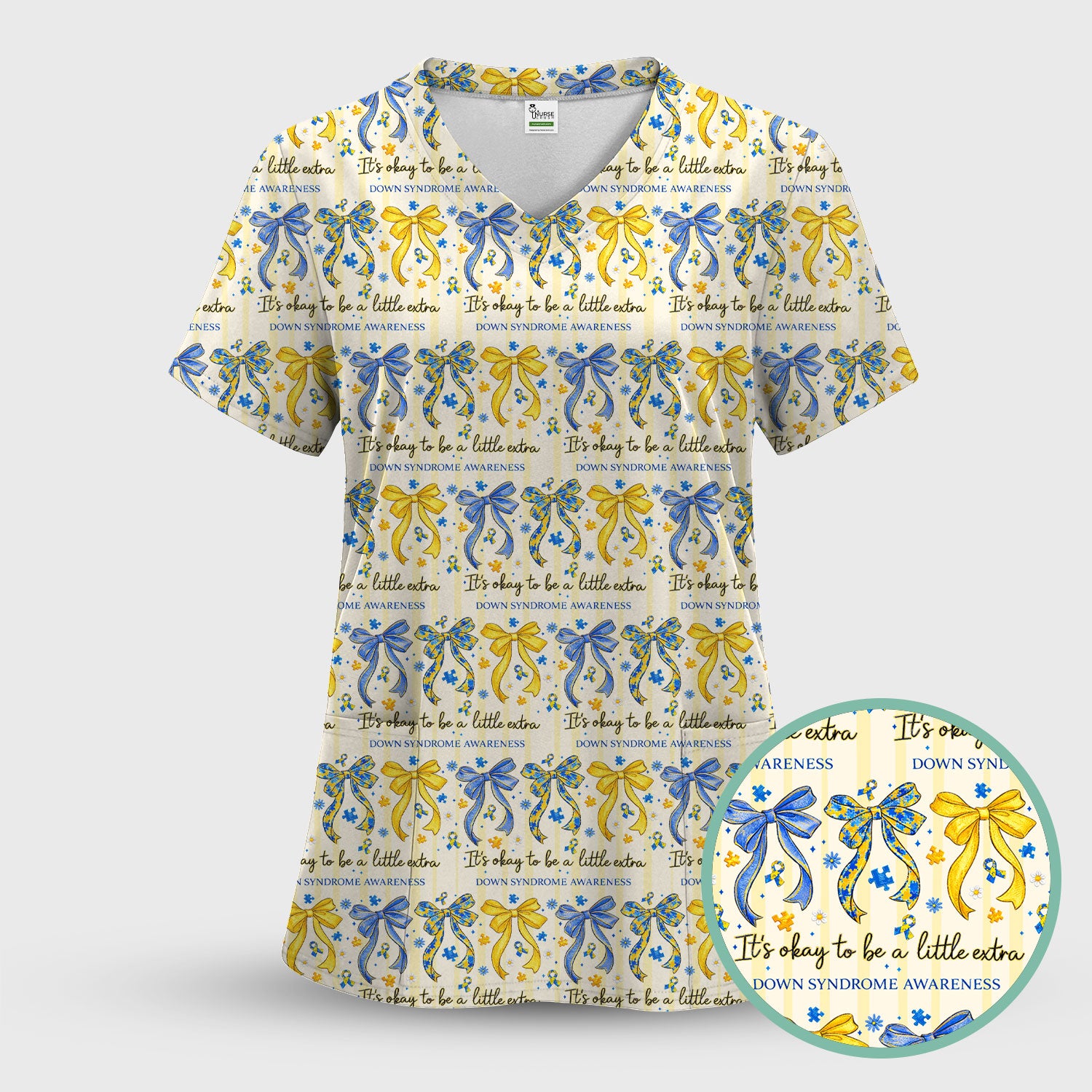 Down Syndrome Awareness Ribbon Pattern Scrub Top Comfortable Nurse Workwear Top