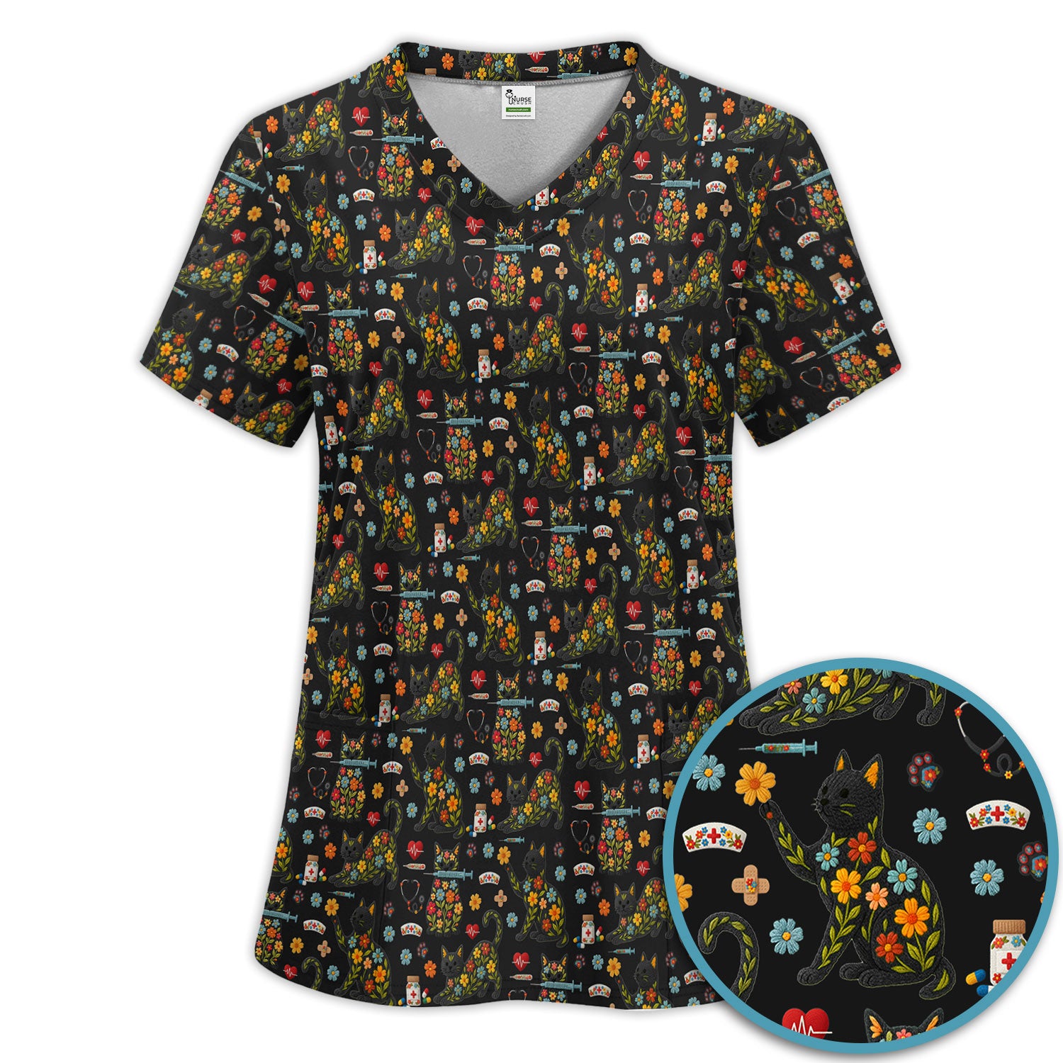 Floral Black Cat Pattern Scrub Set, Cute Cat Nurse Scrub Shirt, Medical Nursing Uniform