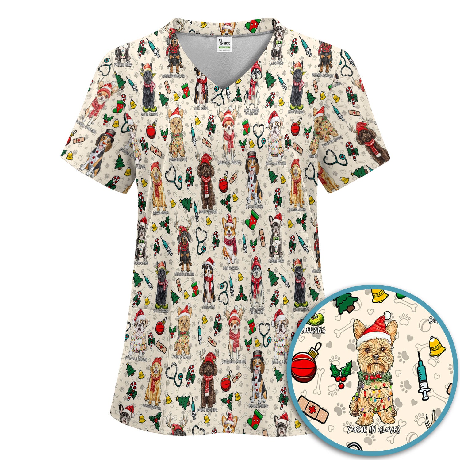 Christmas Dog Scrub Set for Nurses - Dachshund, Husky, Poodle, Corgi & Labrador Holiday Scrub Top and Pants - Funny Santa Medical Shirt