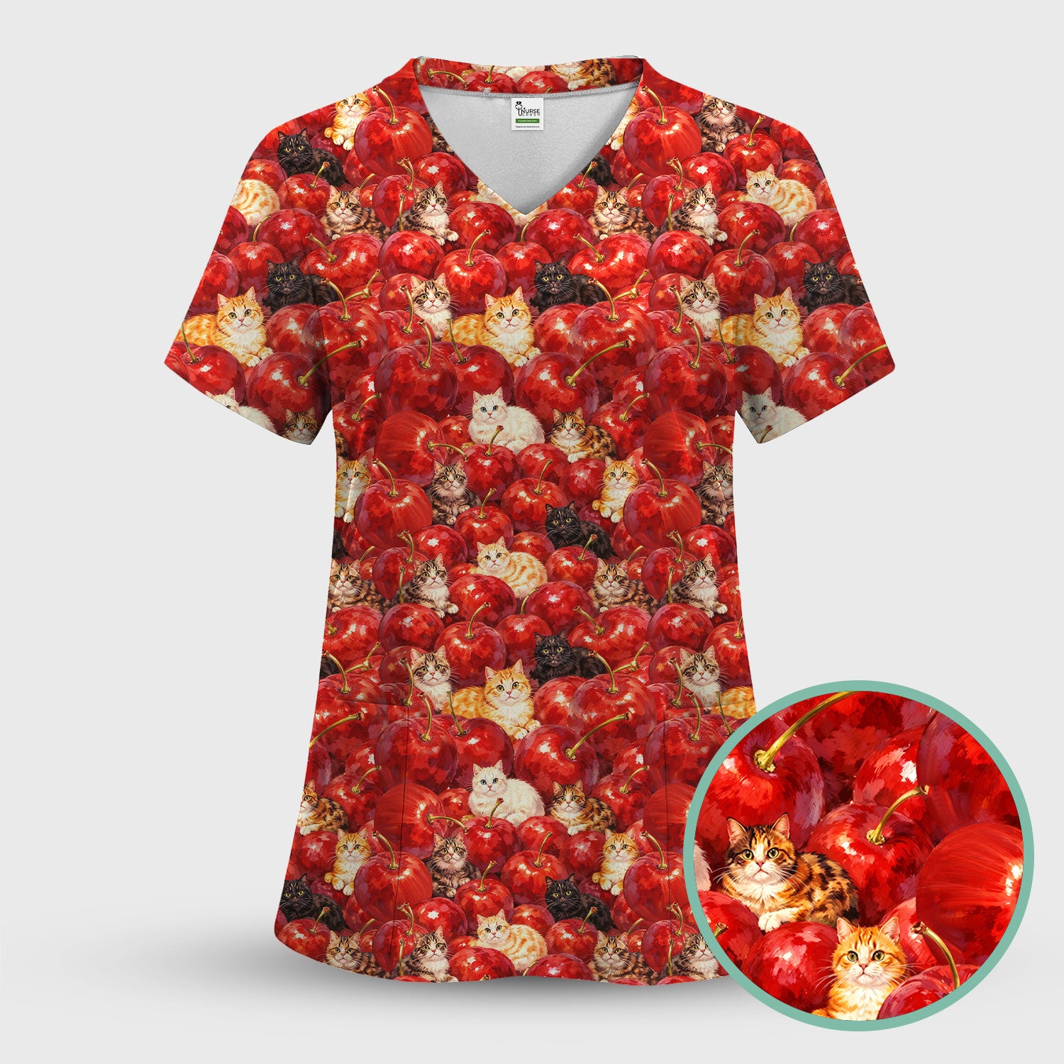 Cute Cat Cherry Pattern Scrub Top,  Comfortable Scrubs for Nurses