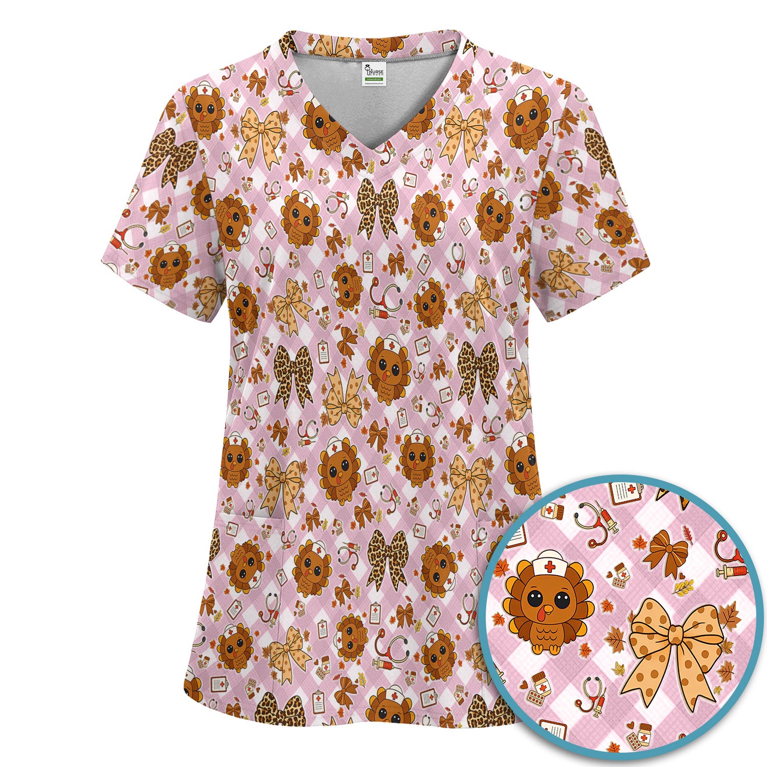 Thanksgiving Turkey Scrub Set for Nurses - Cute Fall Leaves and Bow Scrubs Pants and V Neck Top - Autumn Nursing Gift for Her