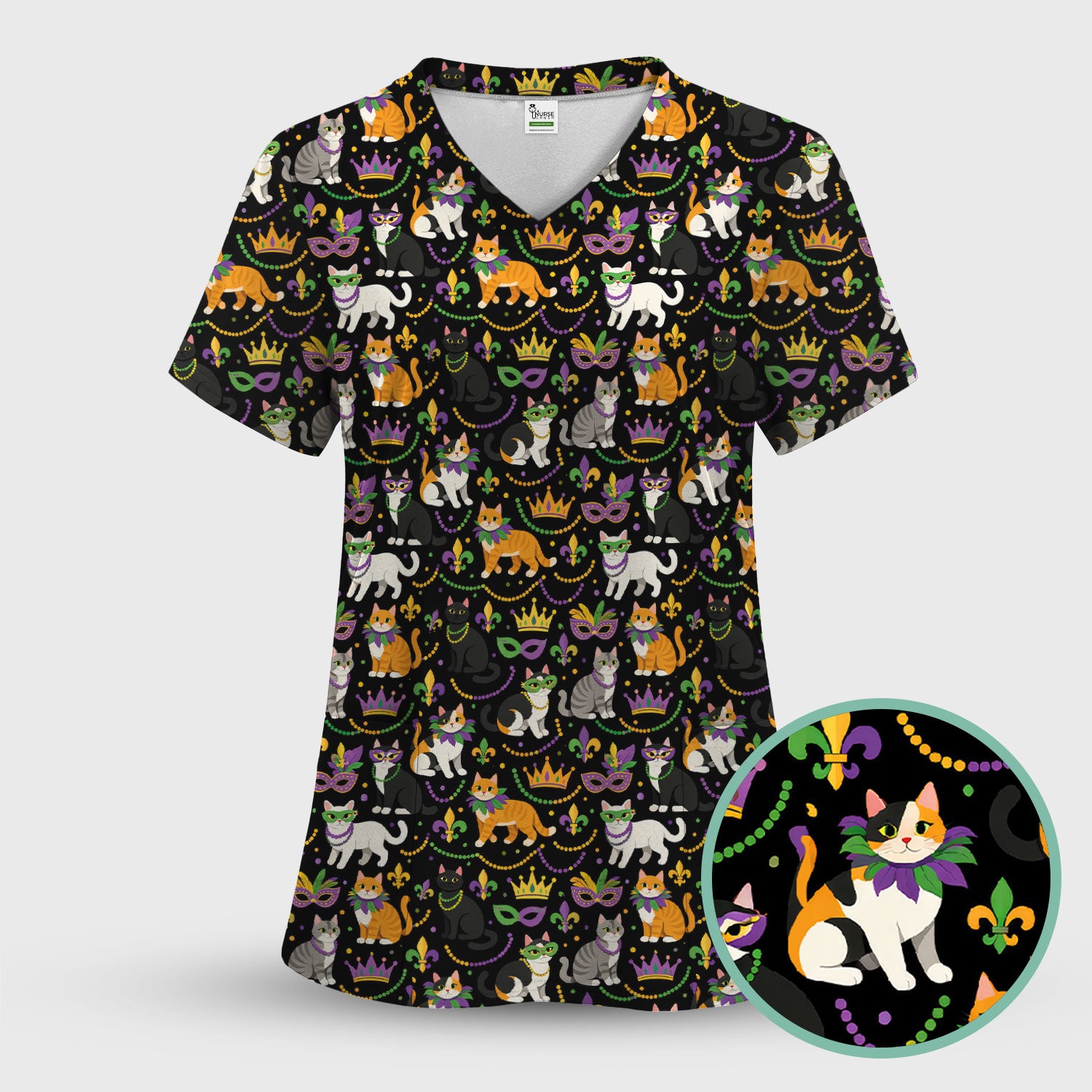 Cat Mardi Gras Nurse Scrub Set, Comfortable Uniform Scrubs For Nursing
