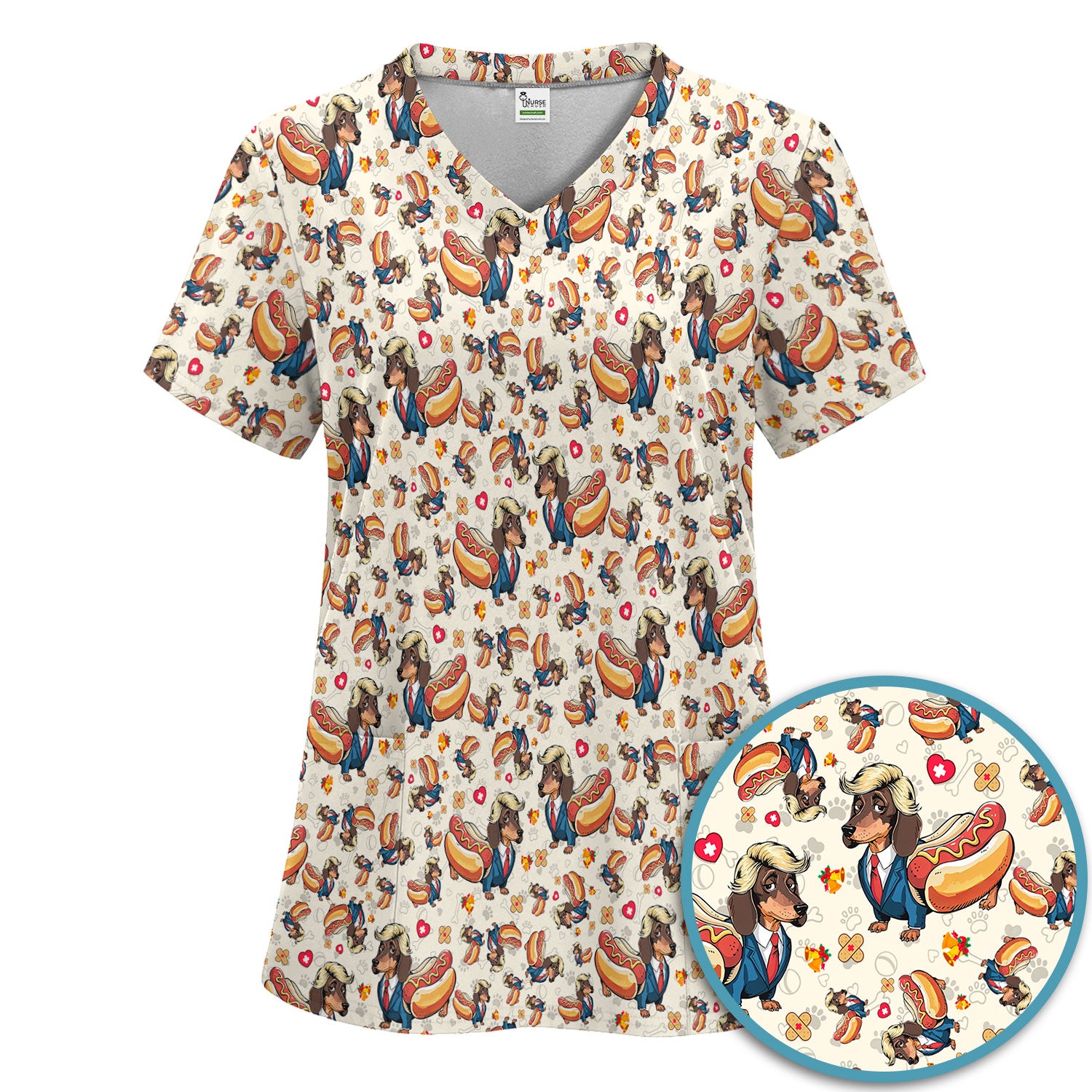 Dachshund Hot Dog Nurse Scrub Set - Funny Sausage Dog Pants and V Neck Top - Medical Uniform Gift
