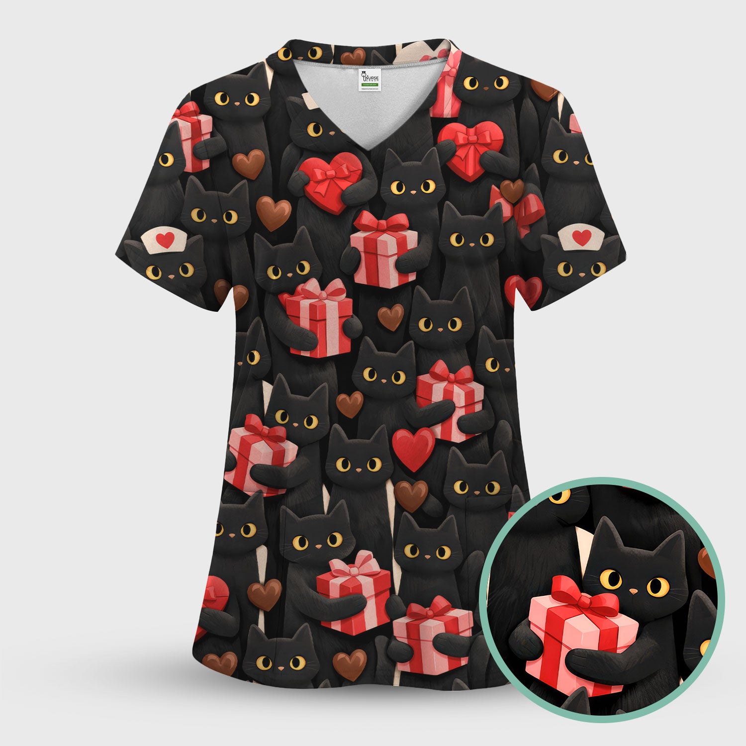 Black Cat Valentine Nurse Scrub Top, Heart Pattern Medical Shirt, Breathable Fabrics Nursing Uniform