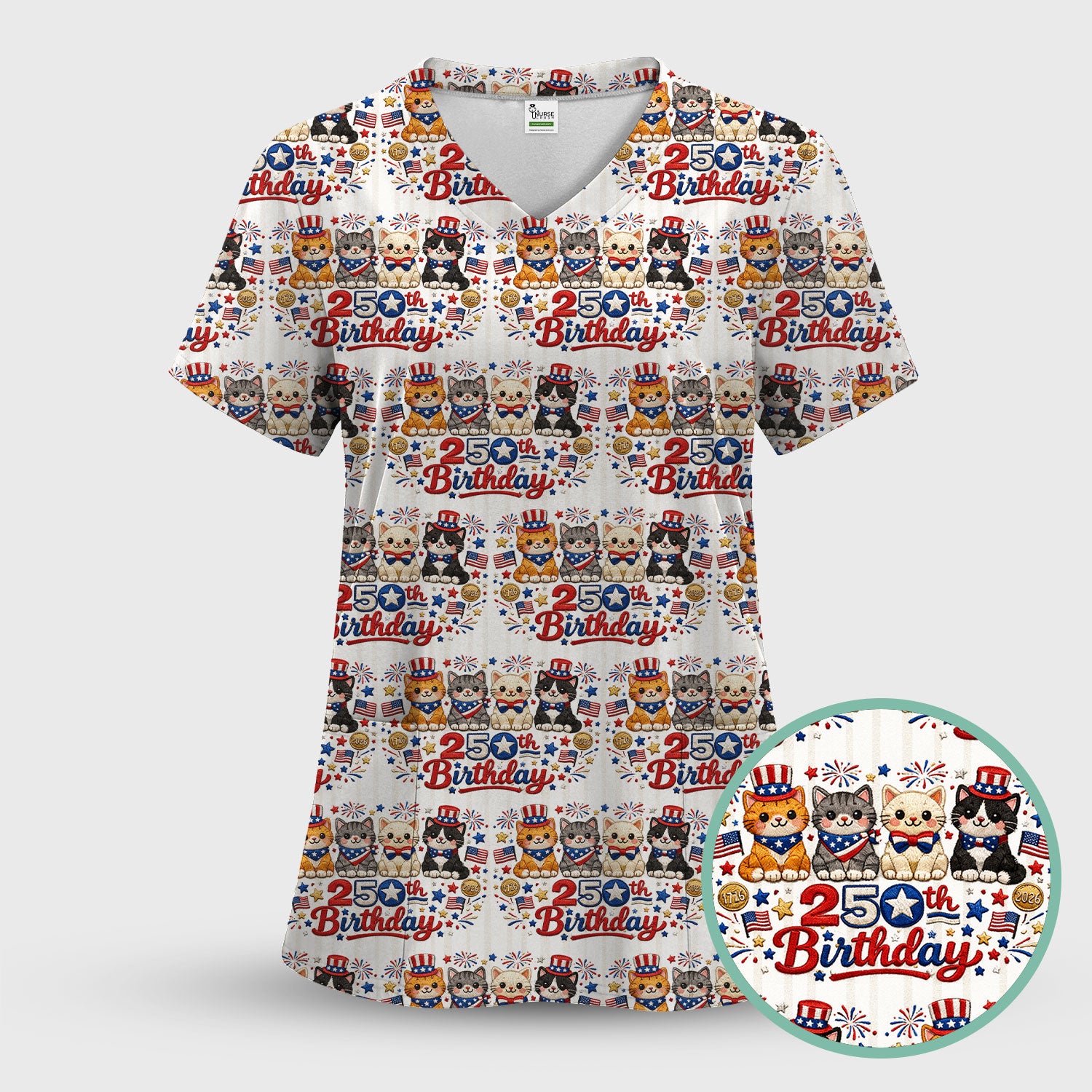 America 250th Anniversary Cat Pattern Scrub Top, Comfortable Scrubs for Nurses