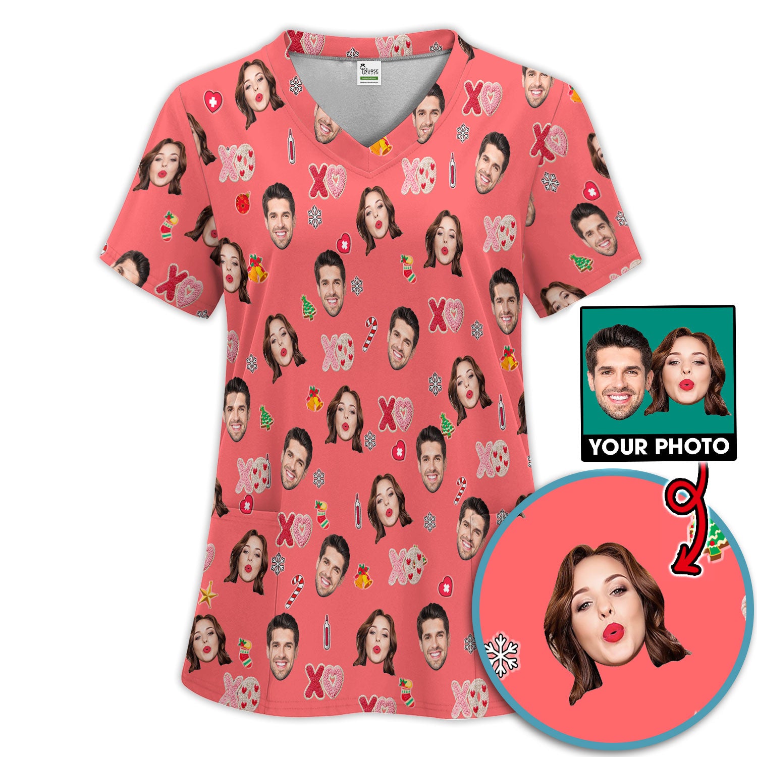 Personalized Photo Scrub Set, Custom Face XOXO Scrub Shirt, Breathable Fabrics Nursing Uniform