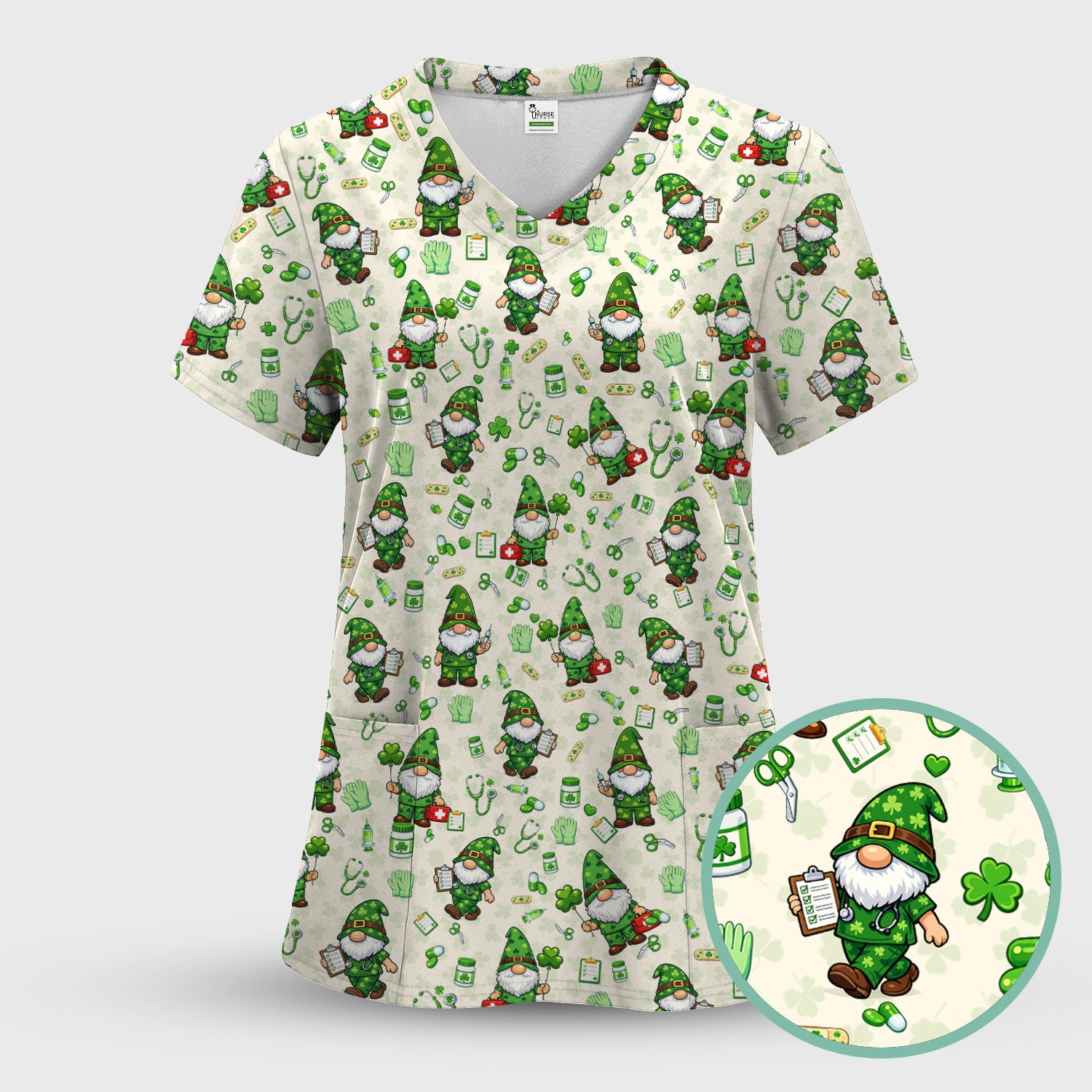 St. Patrick’s Day Nurse Gnome Scrub Top, Green Lucky Medical Pattern Nurse Shirt, Breathable Fabrics Nursing Uniform